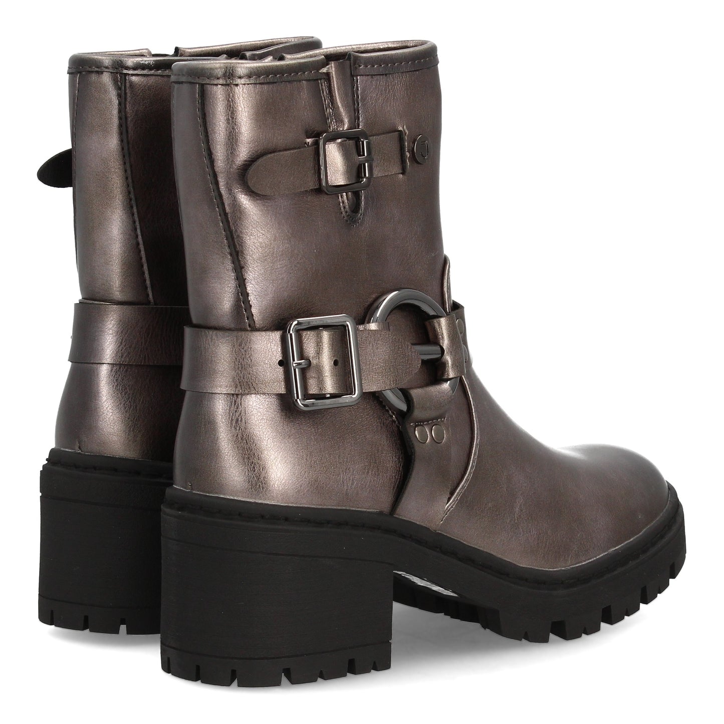 Botín Biker Plomo con Doble Hebilla y Suela Gruesa