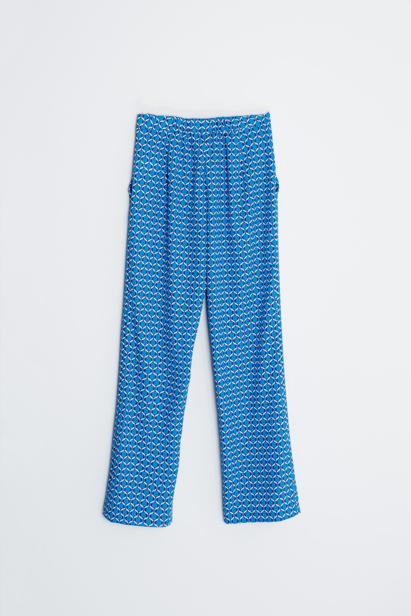 Pantalón estampado geométrico azul mujer recto elástico