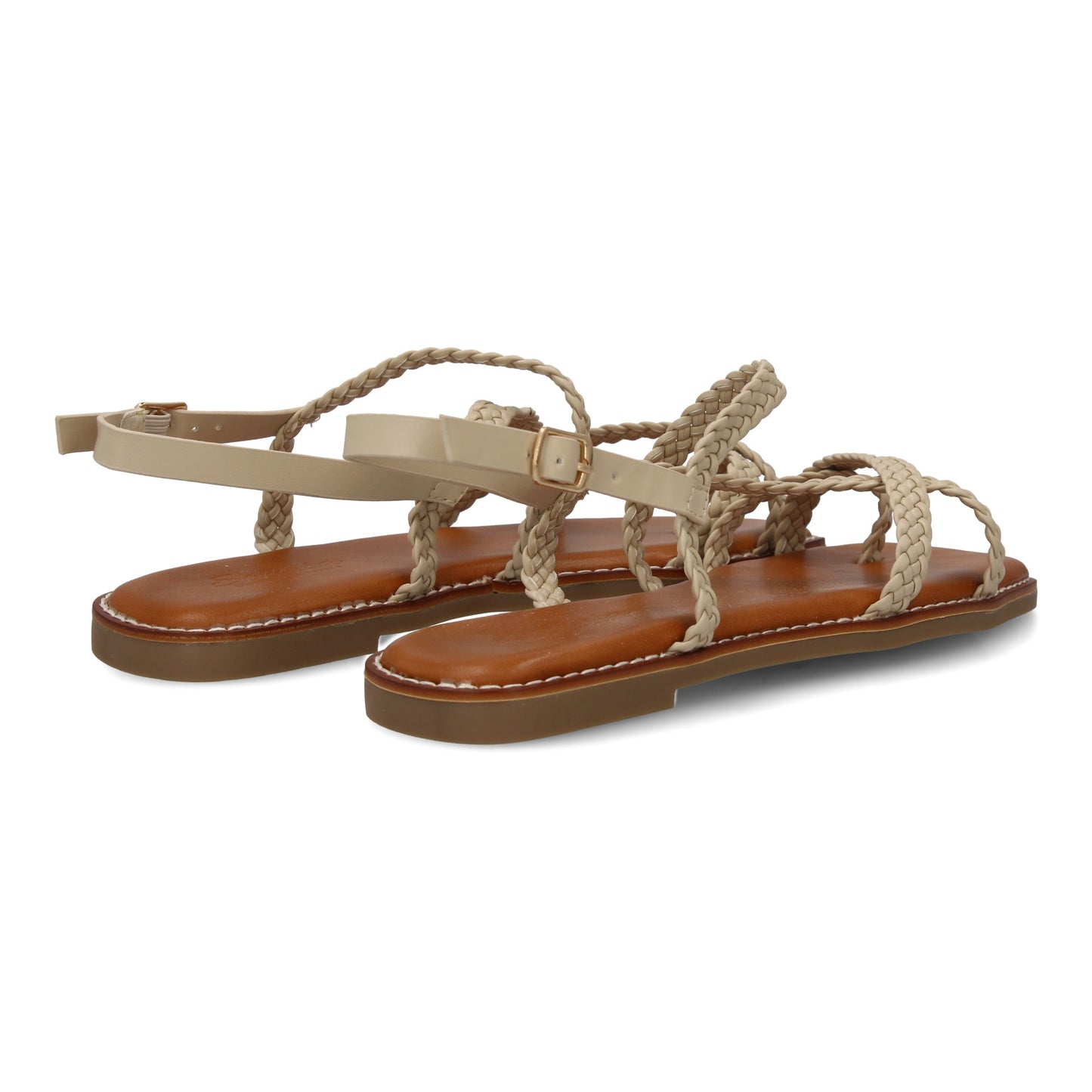 Sandalias planas beige de mujer, diseño trenzado, cierre de hebilla ajustable, cómodas y elegantes.