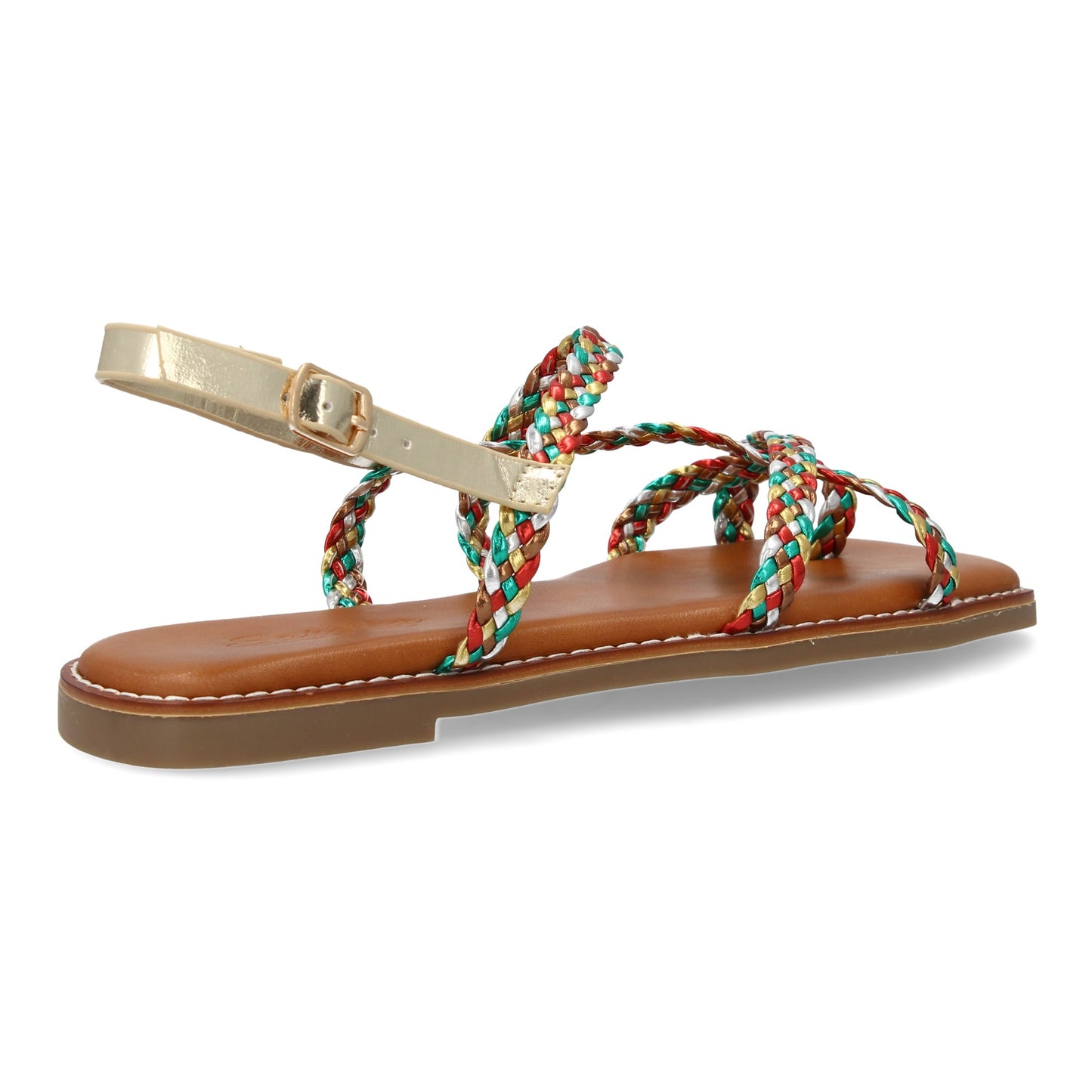 Sandalias planas multicolor de mujer, diseño trenzado, cierre de hebilla ajustable, cómodas y elegantes.
