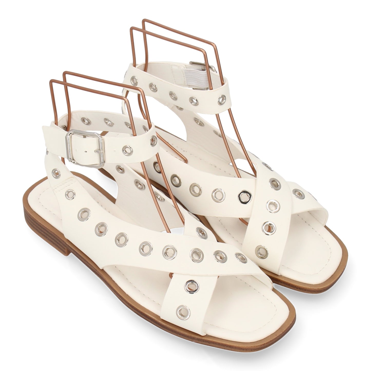 Sandalias planas blancas de mujer, ojales, cierre de hebilla, cómodas y elegantes, primavera verano.