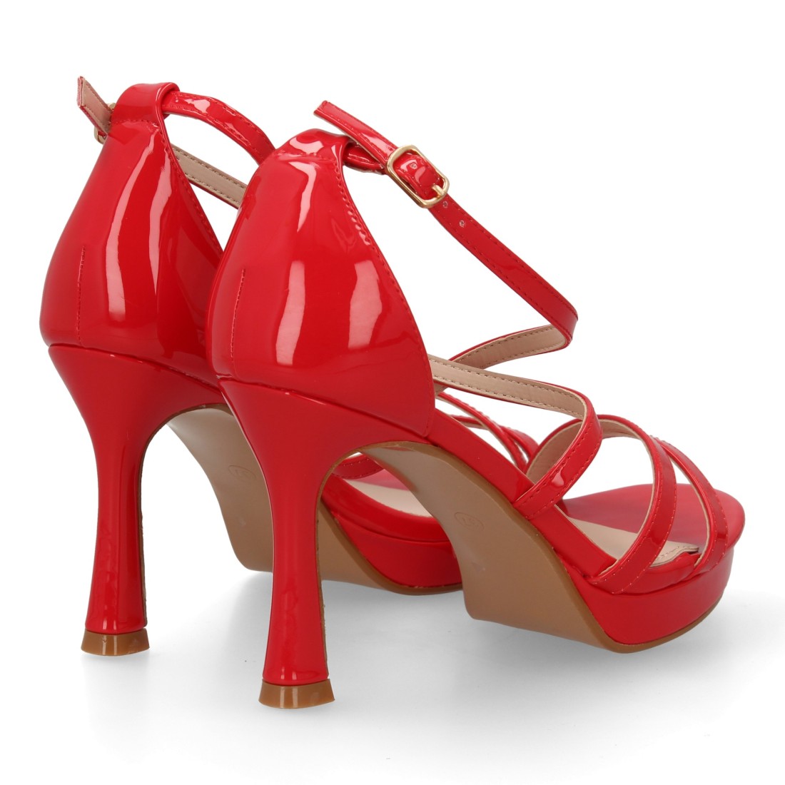 Sandalia tacón fino rojo tiras onduladas diseño