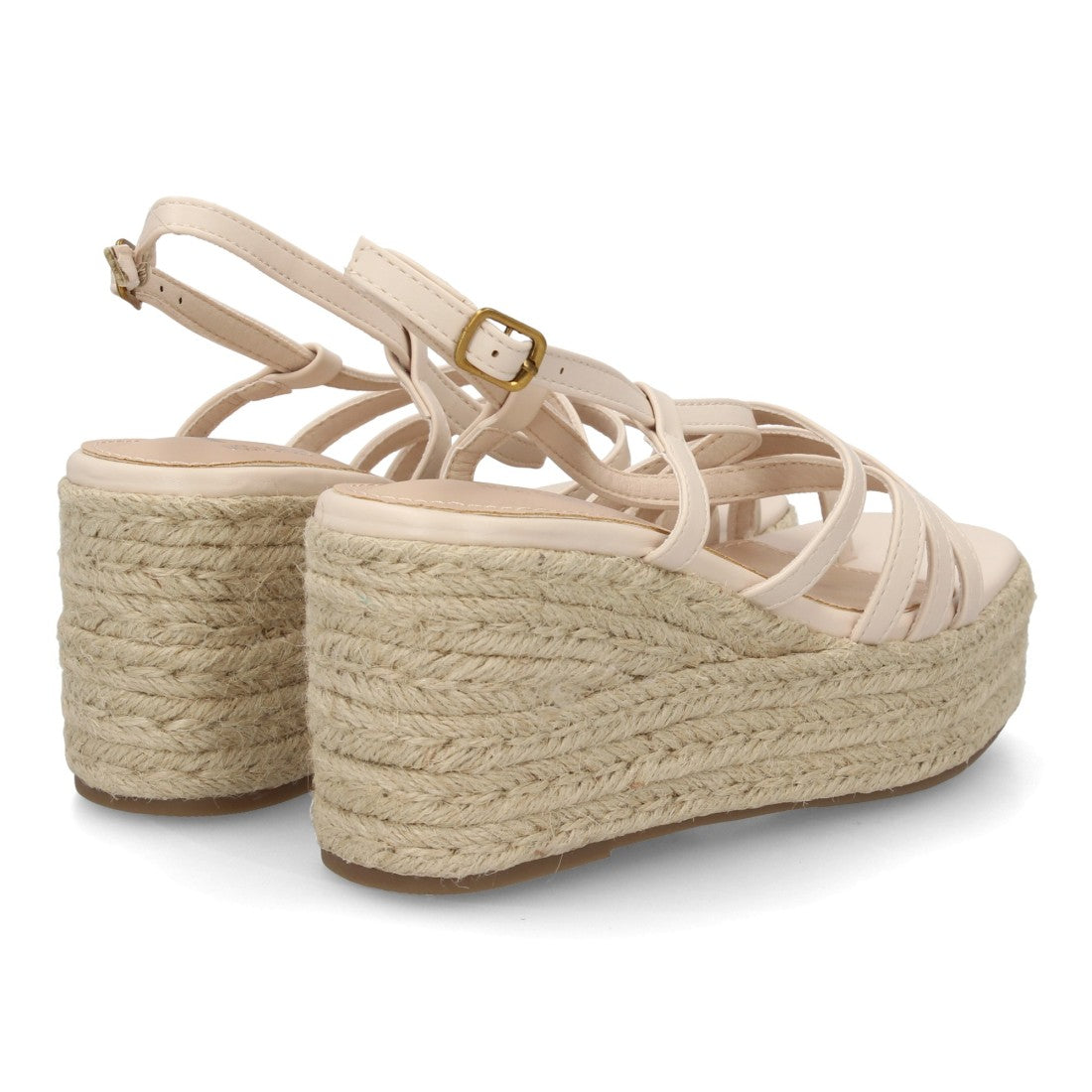 Sandalia cuña beige tiras finas cruzadas detalle metálico