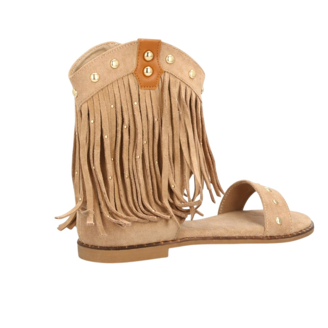 Sandalia plana boho kaki mujer flecos tachuelas botín abierto