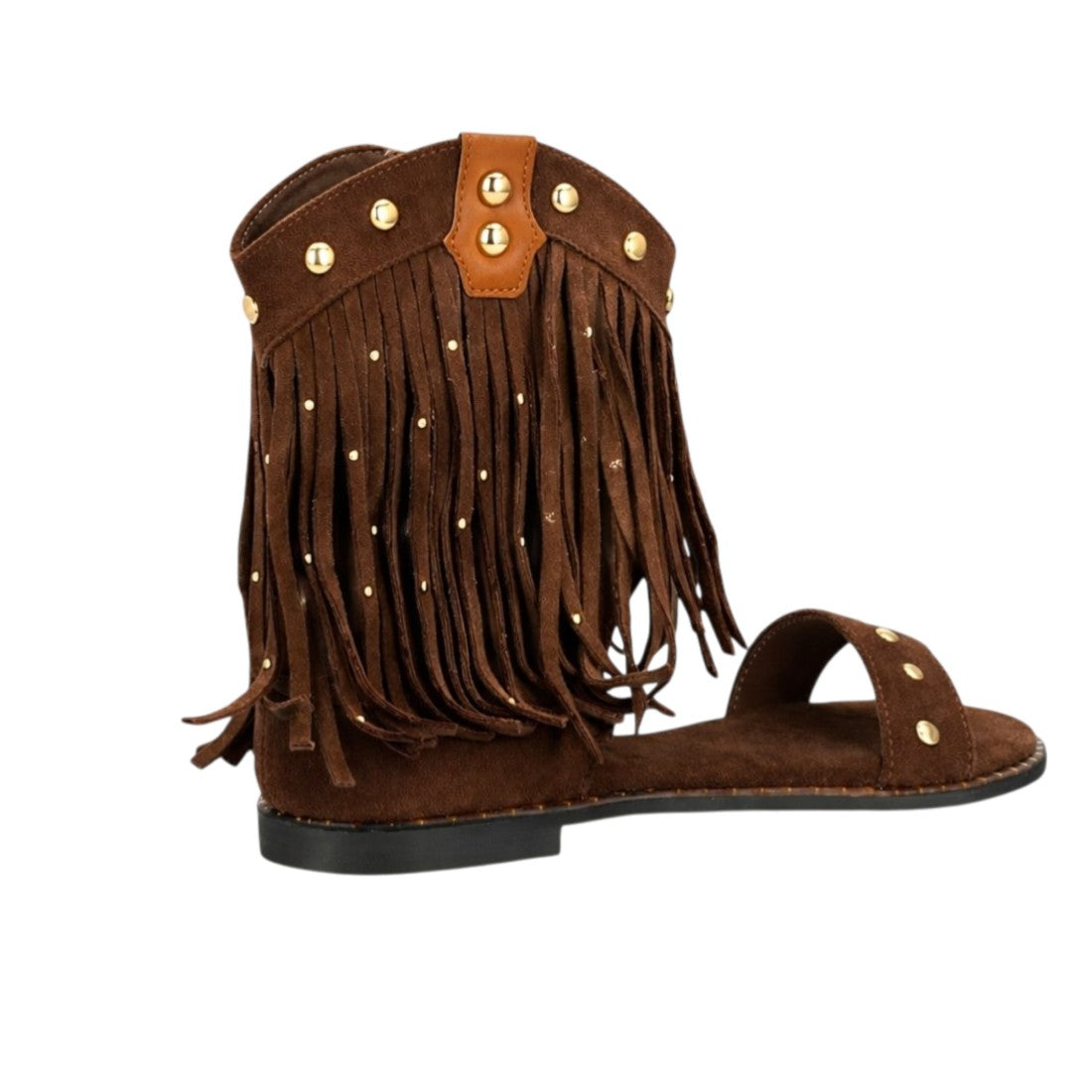Sandalia boho marrón flecos tachuelas diseño botín abierto
