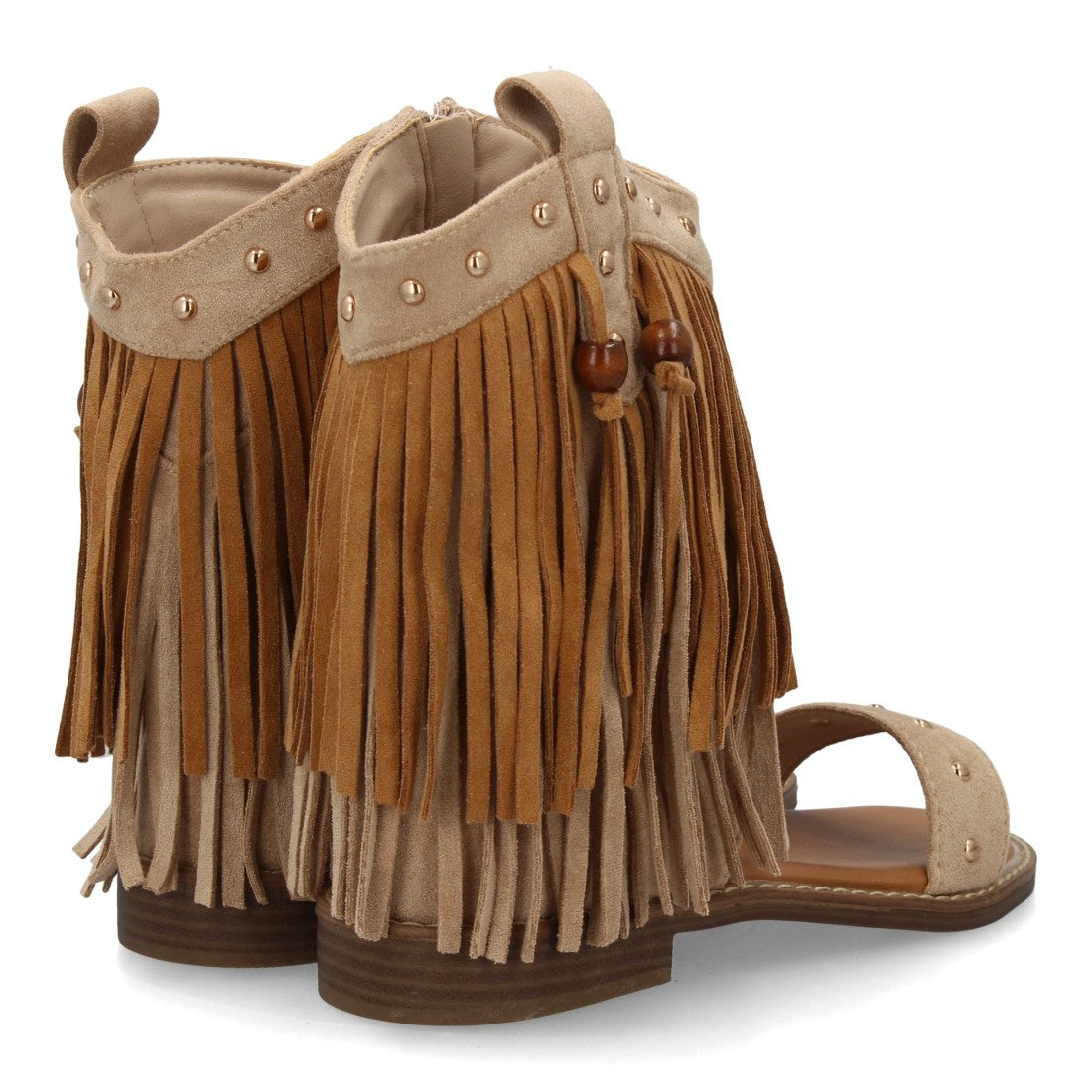 Sandalia boho kaki flecos tachuelas mujer
