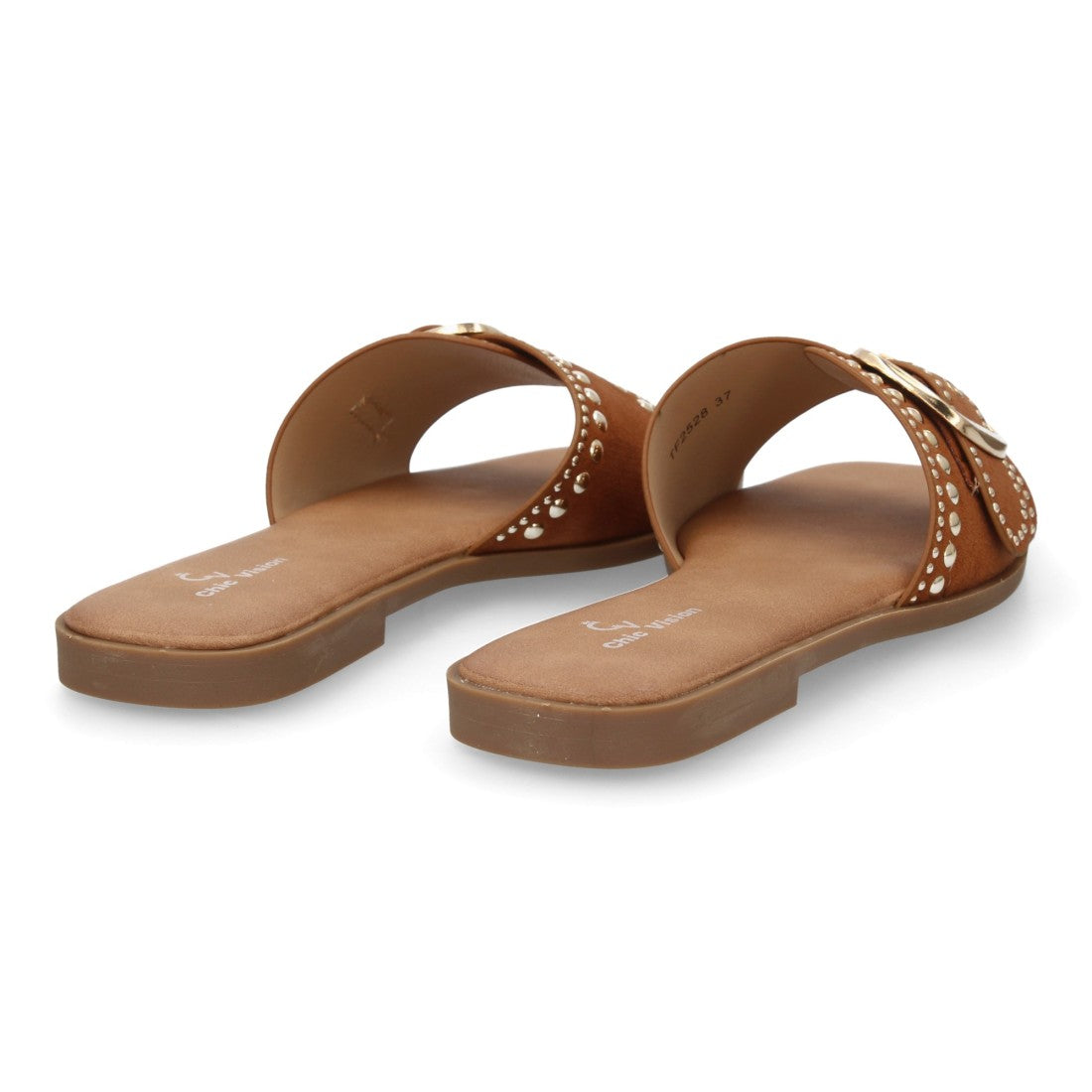 Sandalia plana camel mujer con detalle de tiras cruzadas en empeine.