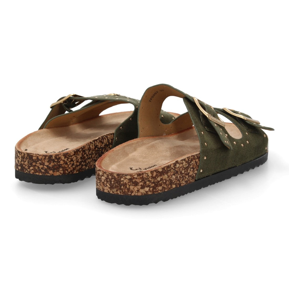 Sandalia bio verde con doble hebilla metálica y suela cómoda.