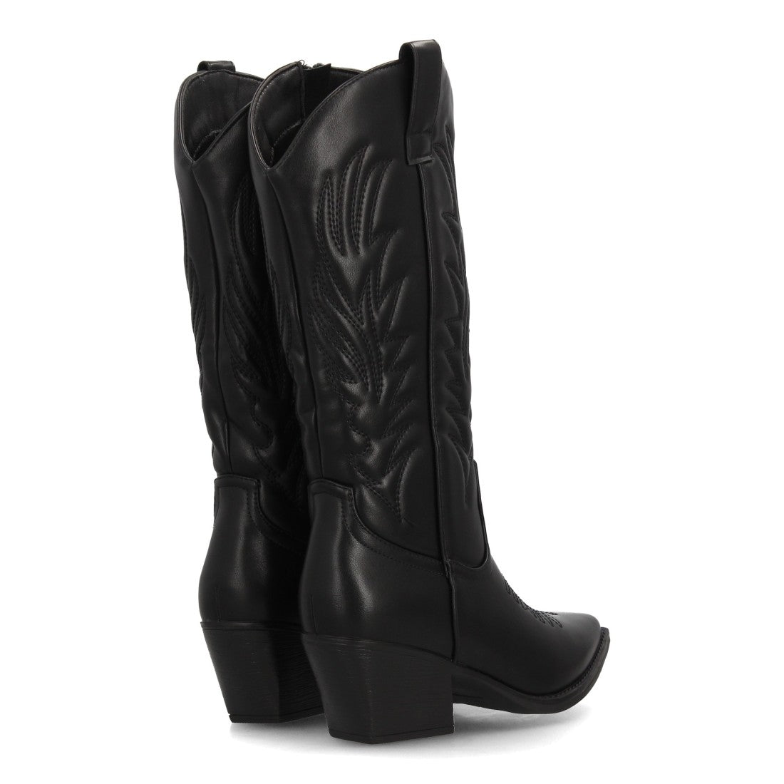 Bota alta vaquera negra para mujer con bordados étnicos en la caña y punta fina