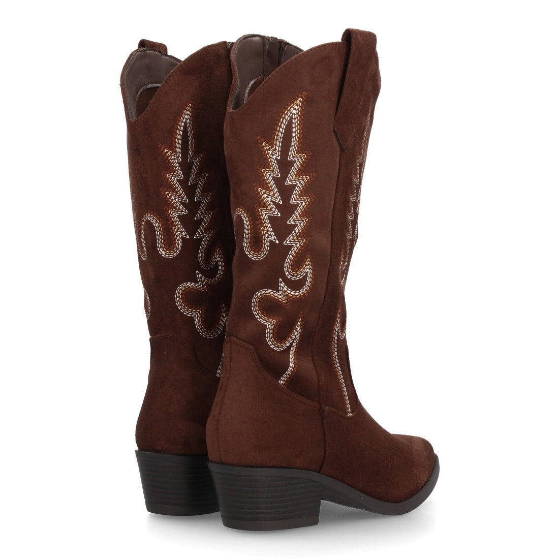 Botas cowboy café con caña bordada de 32 cm y tacón bajo para mujer