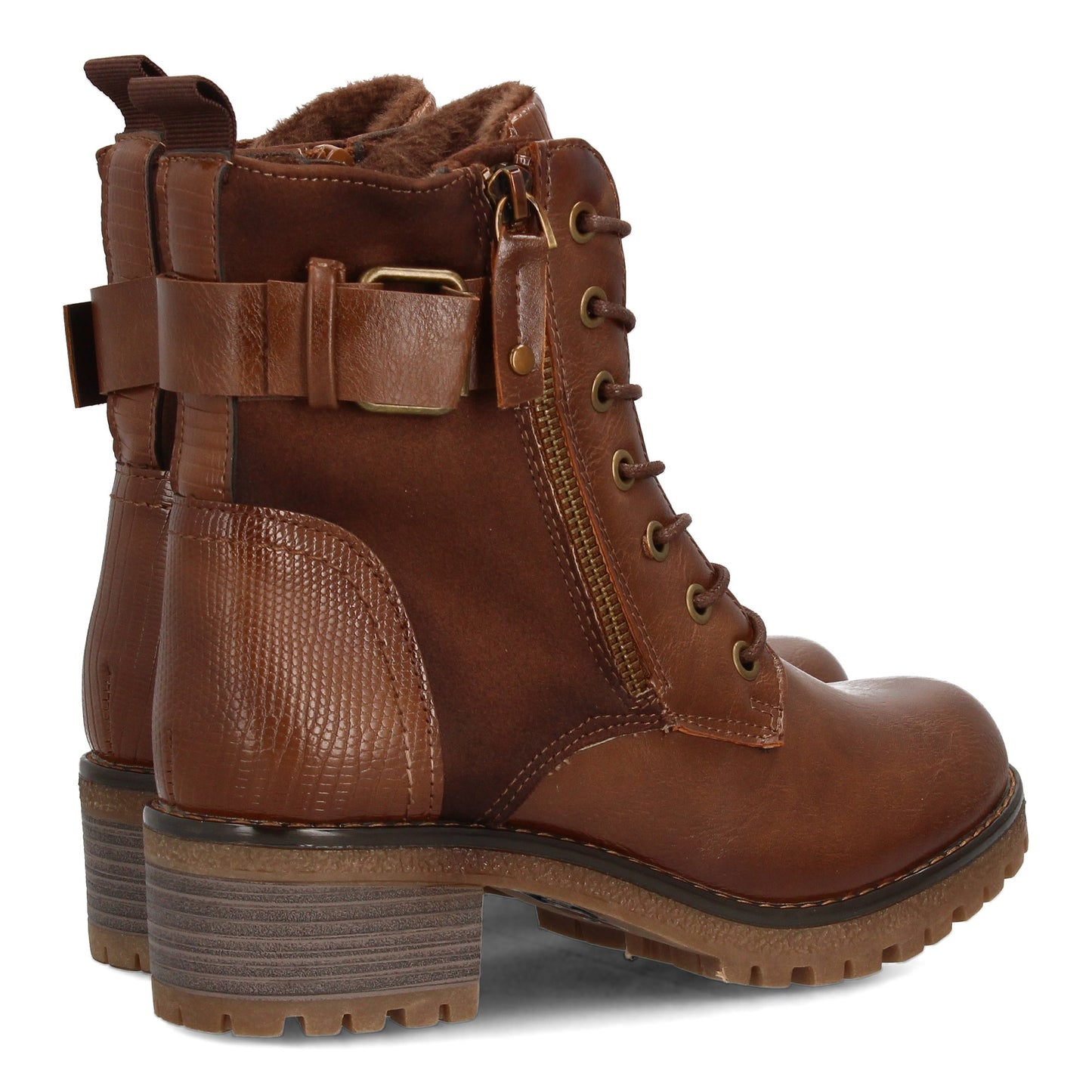 Bota Robusta Camel de Mujer con Cordones, Cremallera y Hebilla