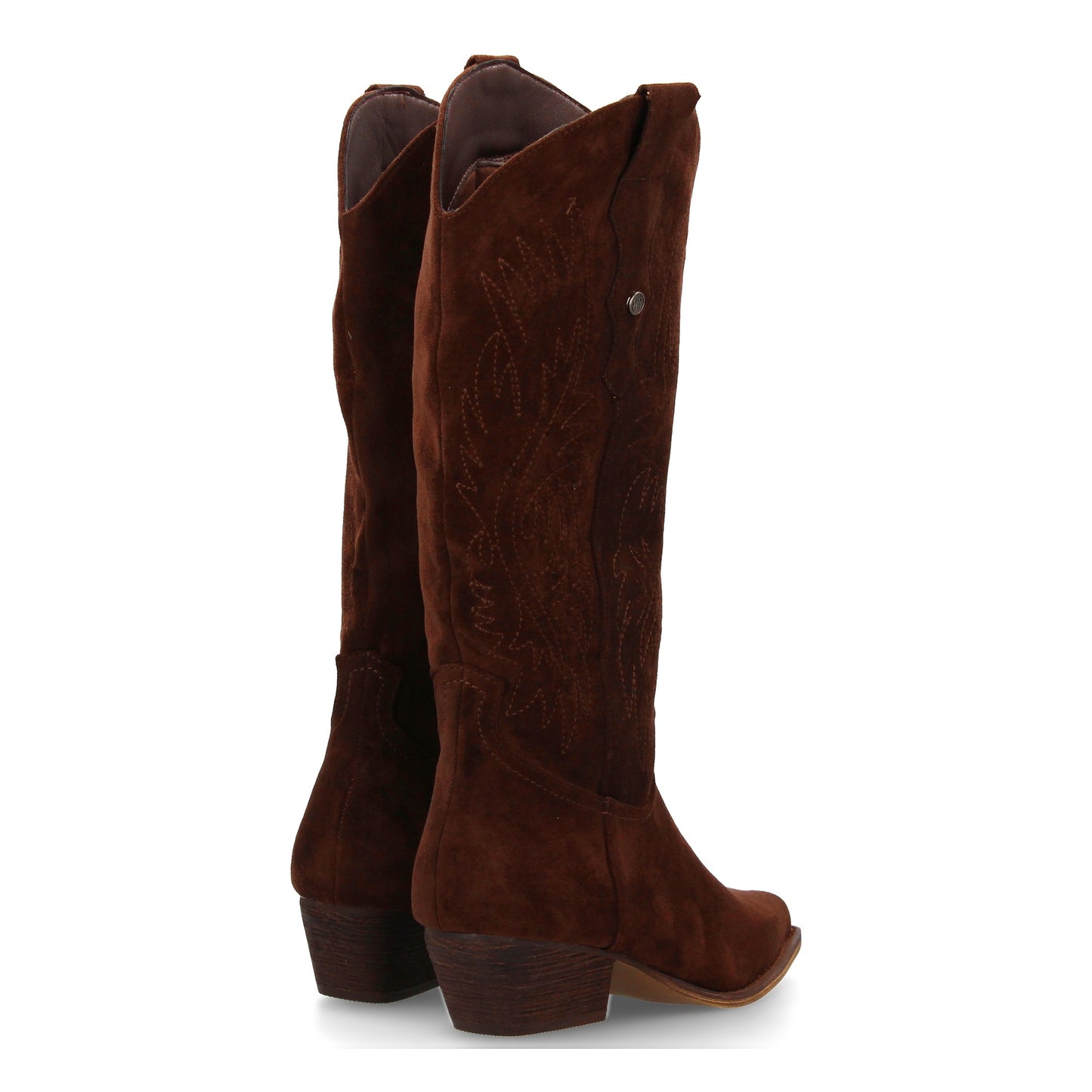 Bota Cowboy Café de Caña Alta con Bordados y Tacón Bajo