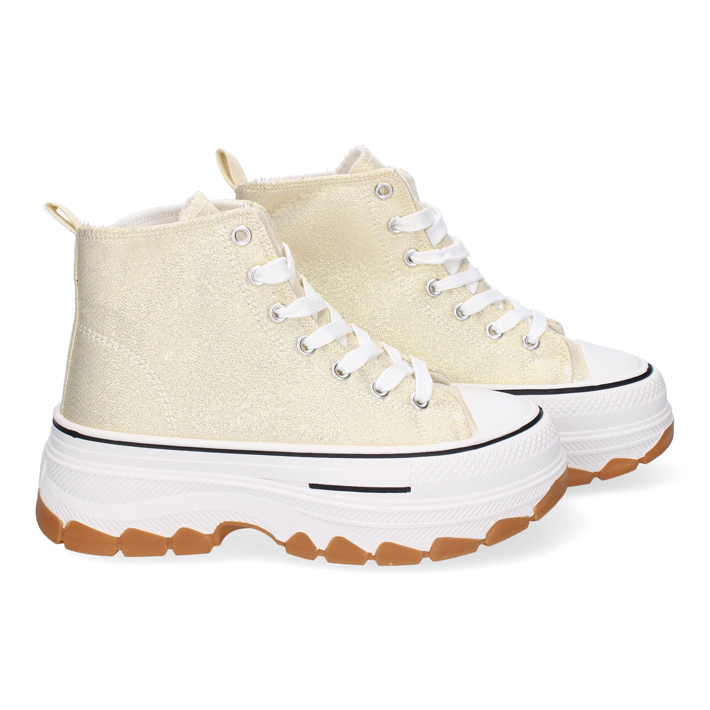 Zapatilla abotinada de plataforma para mujer en color oro, estilo bamba de lona.