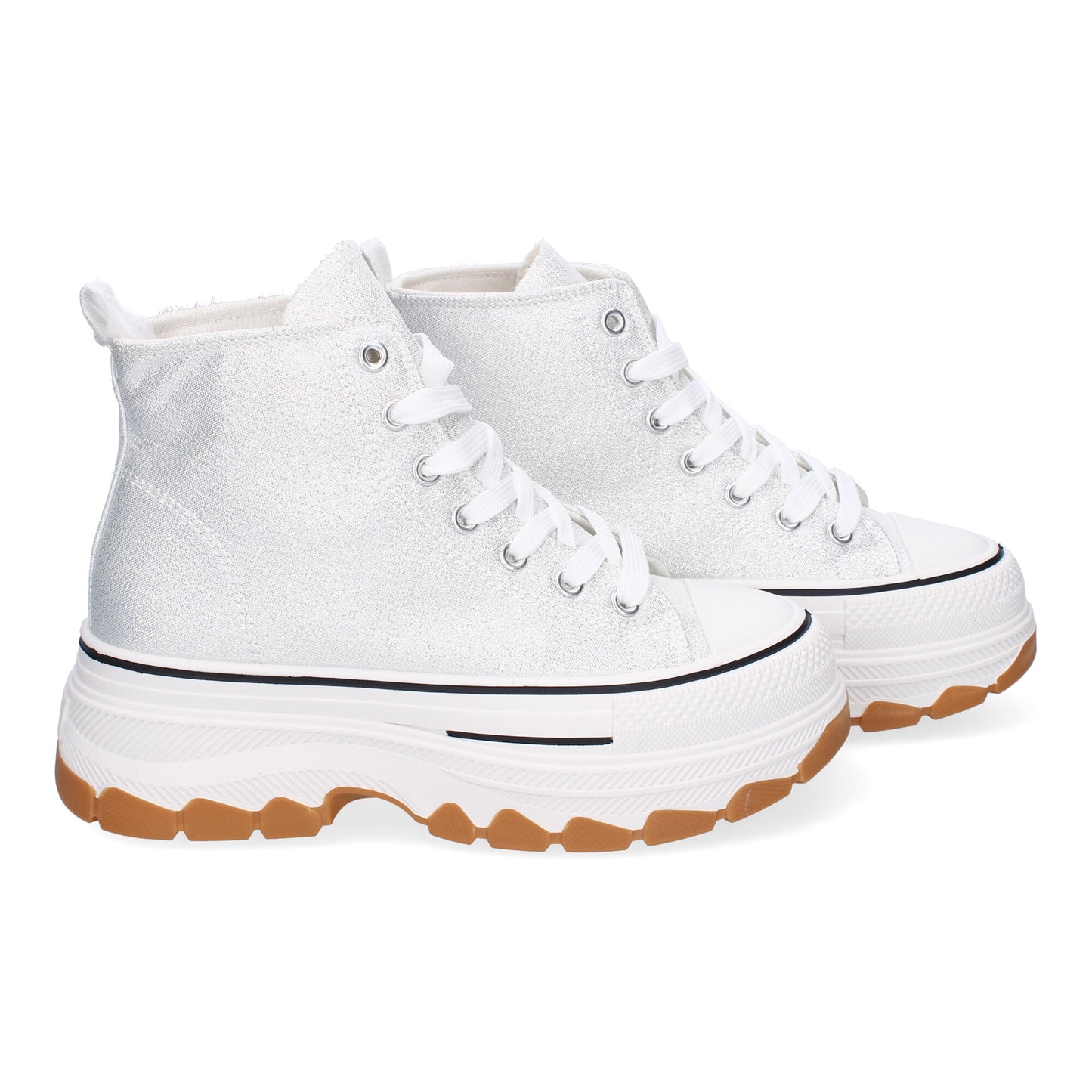 Zapatilla abotinada de plataforma para mujer en color plata, estilo bamba de lona.