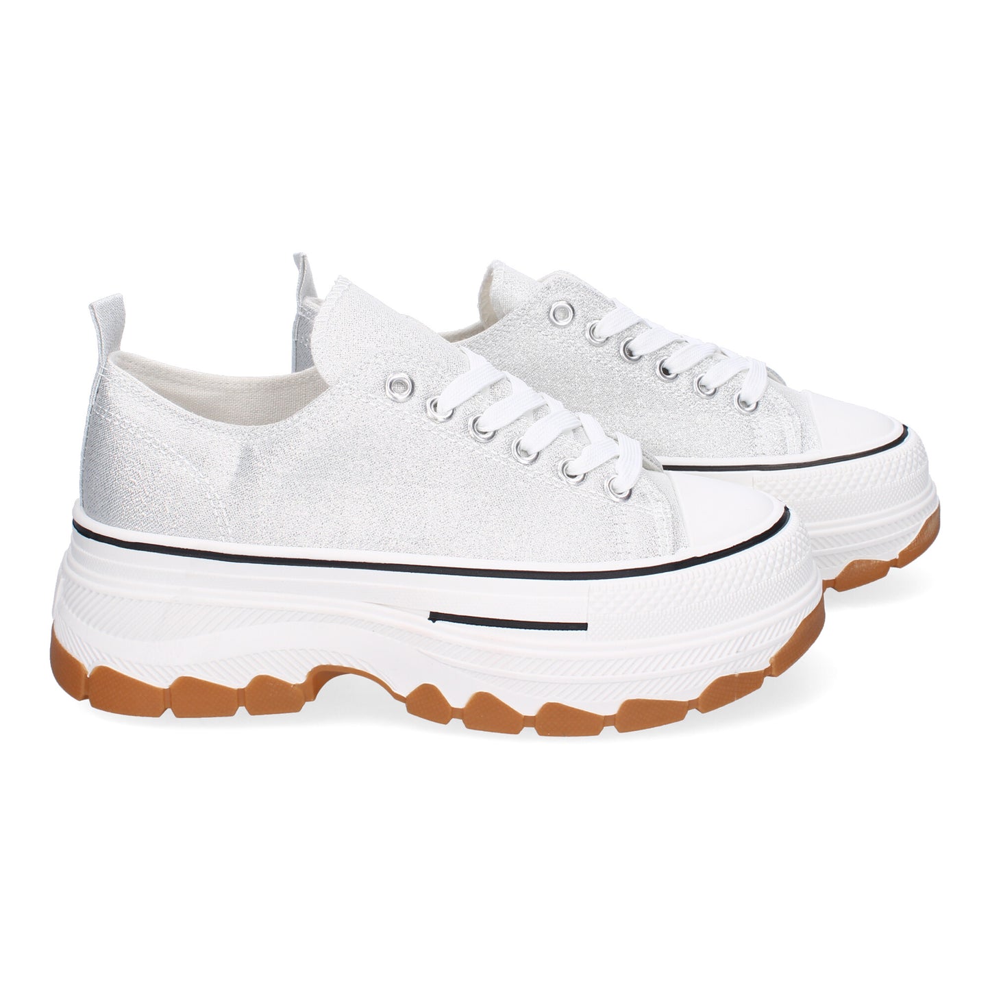 Zapatilla de plataforma para mujer en color plata, estilo bamba de lona.
