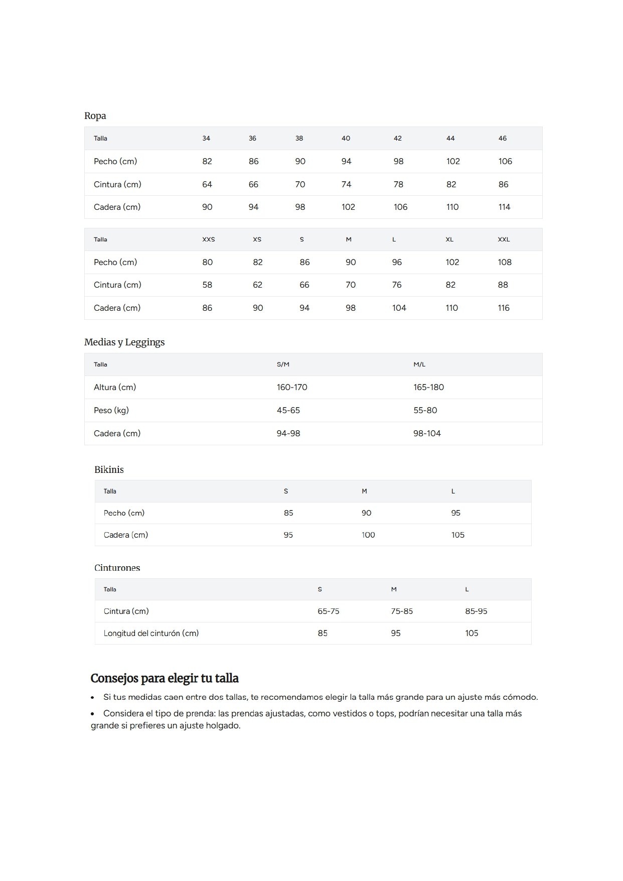 Guía de tallas de ropa de Let's Secrets
