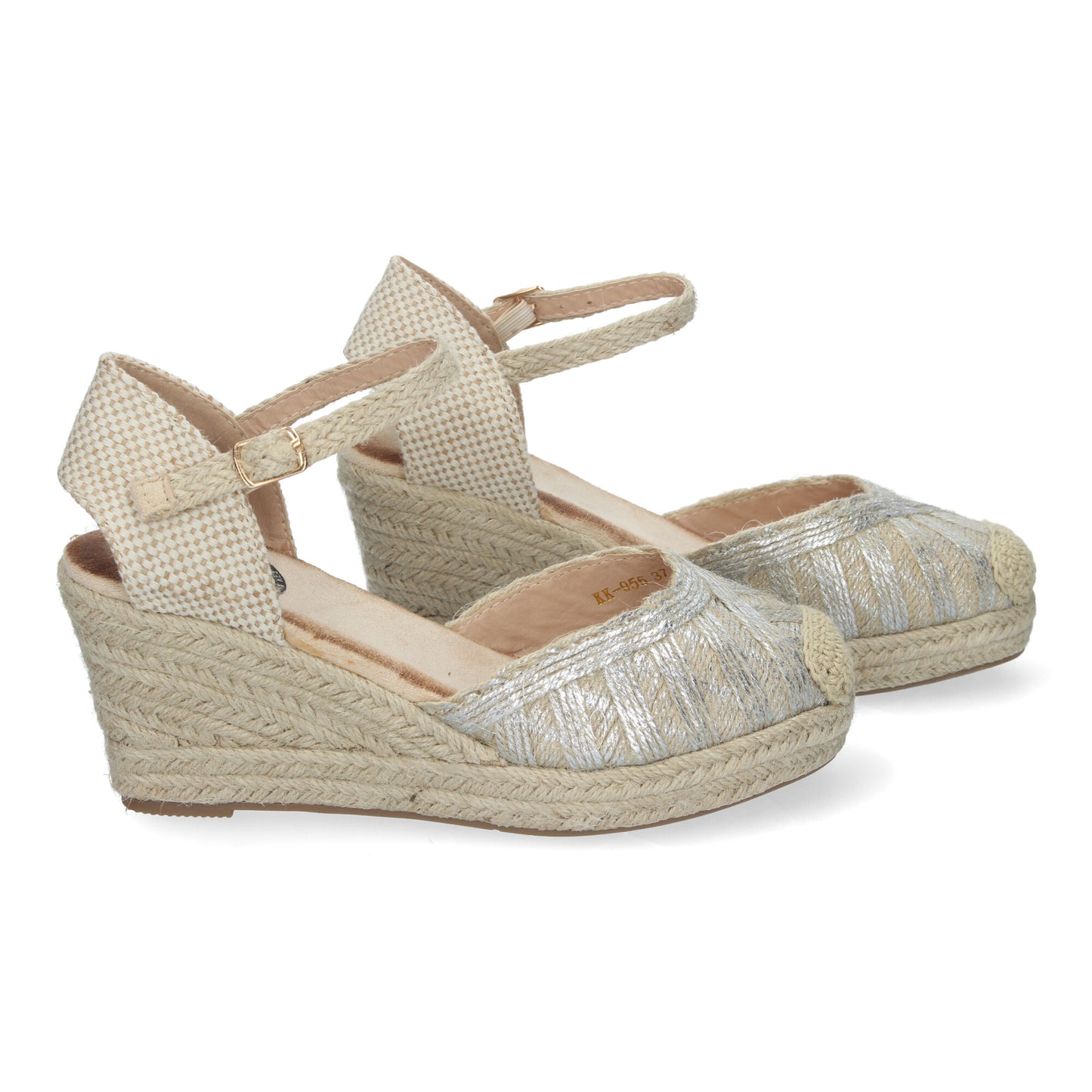 Sandalias de Cuña de Yute para Mujer Cómodas y Elegantes Punta Cerrada con Adornos Trenzados en la Pala y Cierre de Hebilla color Plata