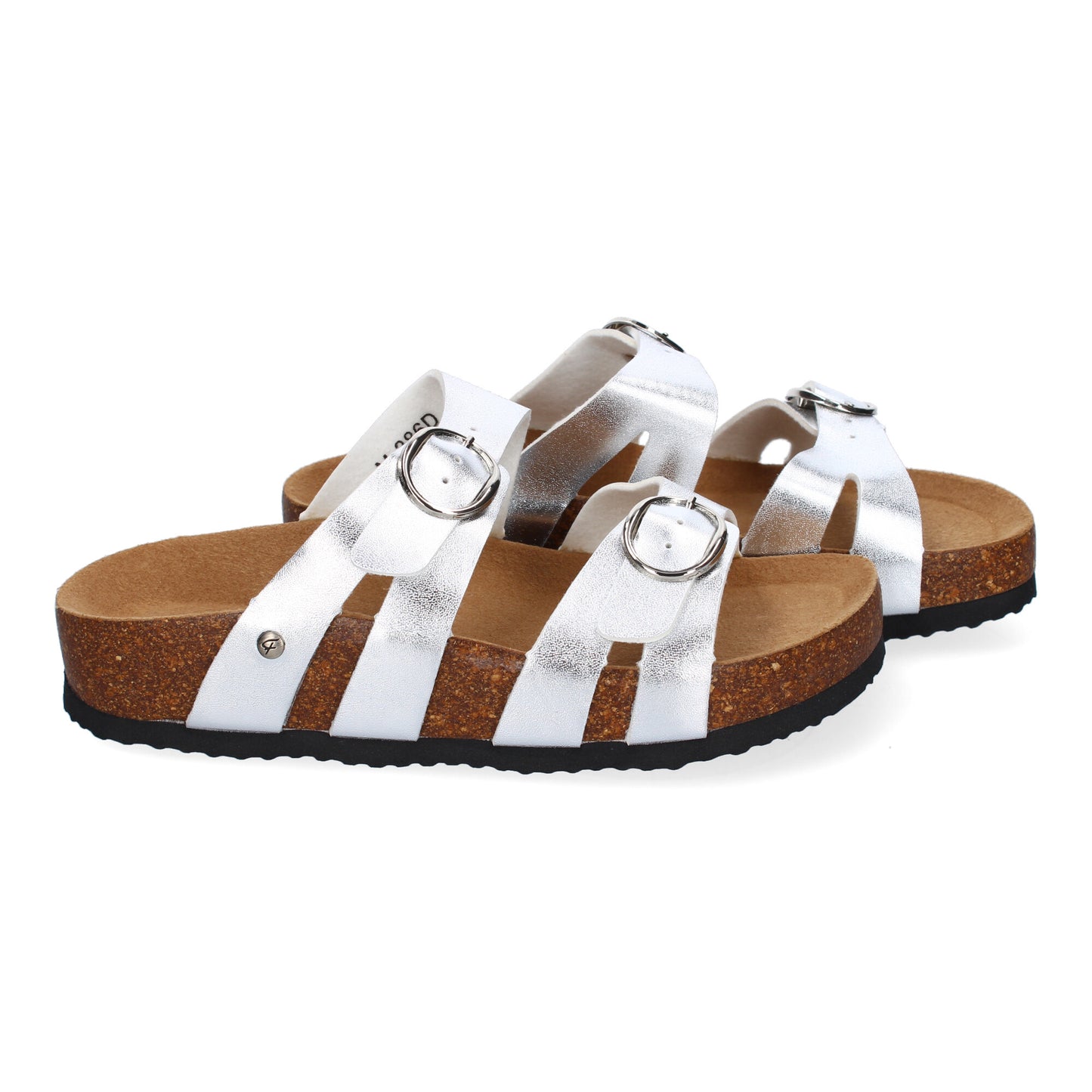 Sandalias Bio Planas Mujer Plata Doble Hebilla Modernas y Ligeras