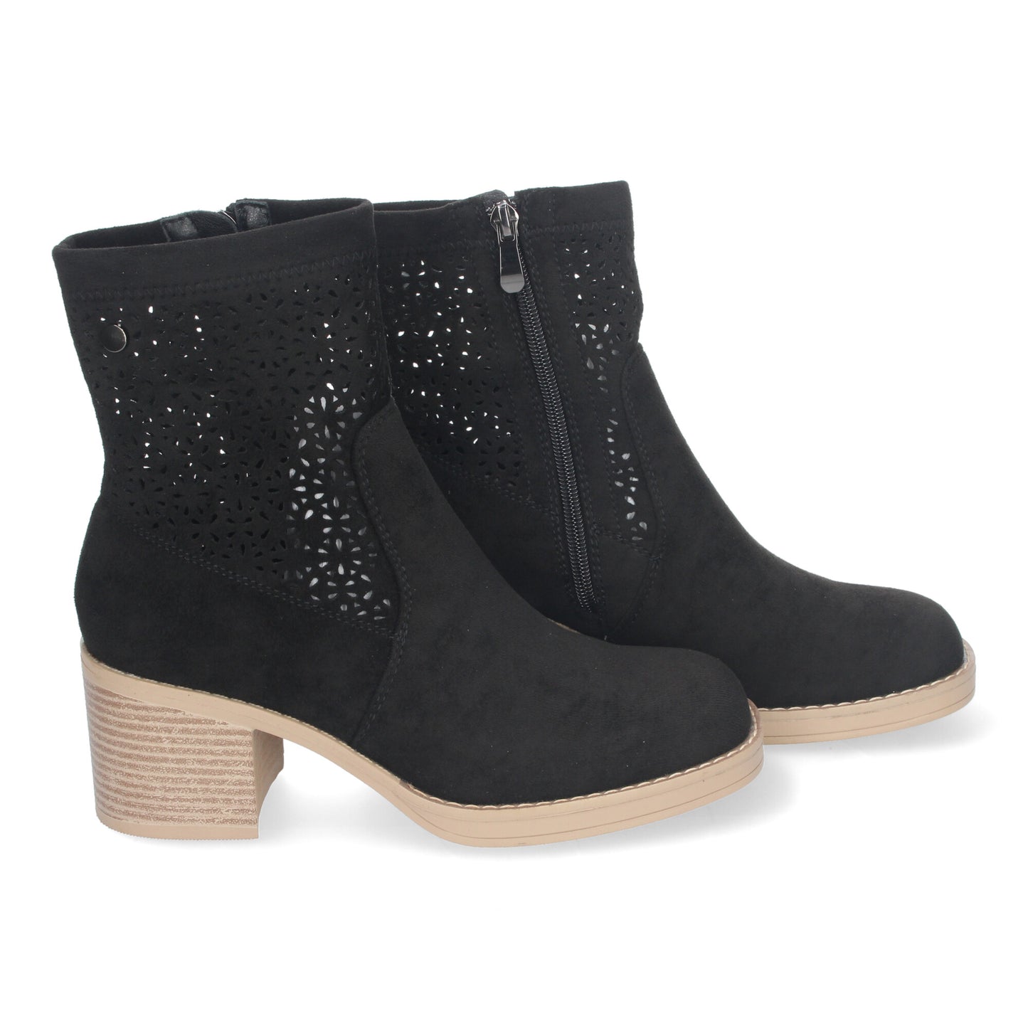 Botines de Mujer Primavera Verano de color Negro con Tacón Ancho Diseño Perforado con Cremallera Lateral Ideal para Cualquier Ocasión