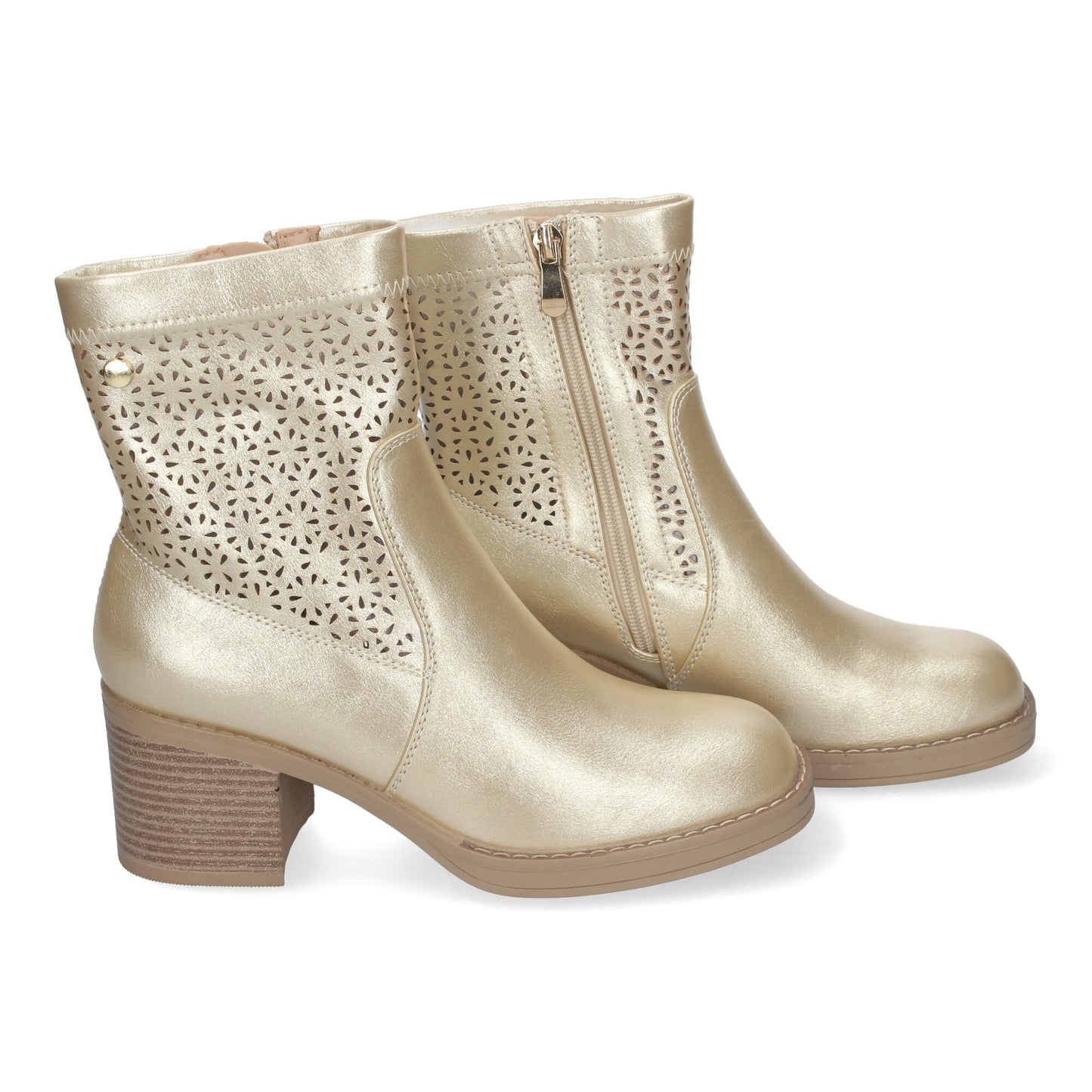 Botines de Mujer Primavera Verano Elegantes y Cómodos de Color Oro con Tacón Ancho Diseño Perforado con Cremallera Lateral