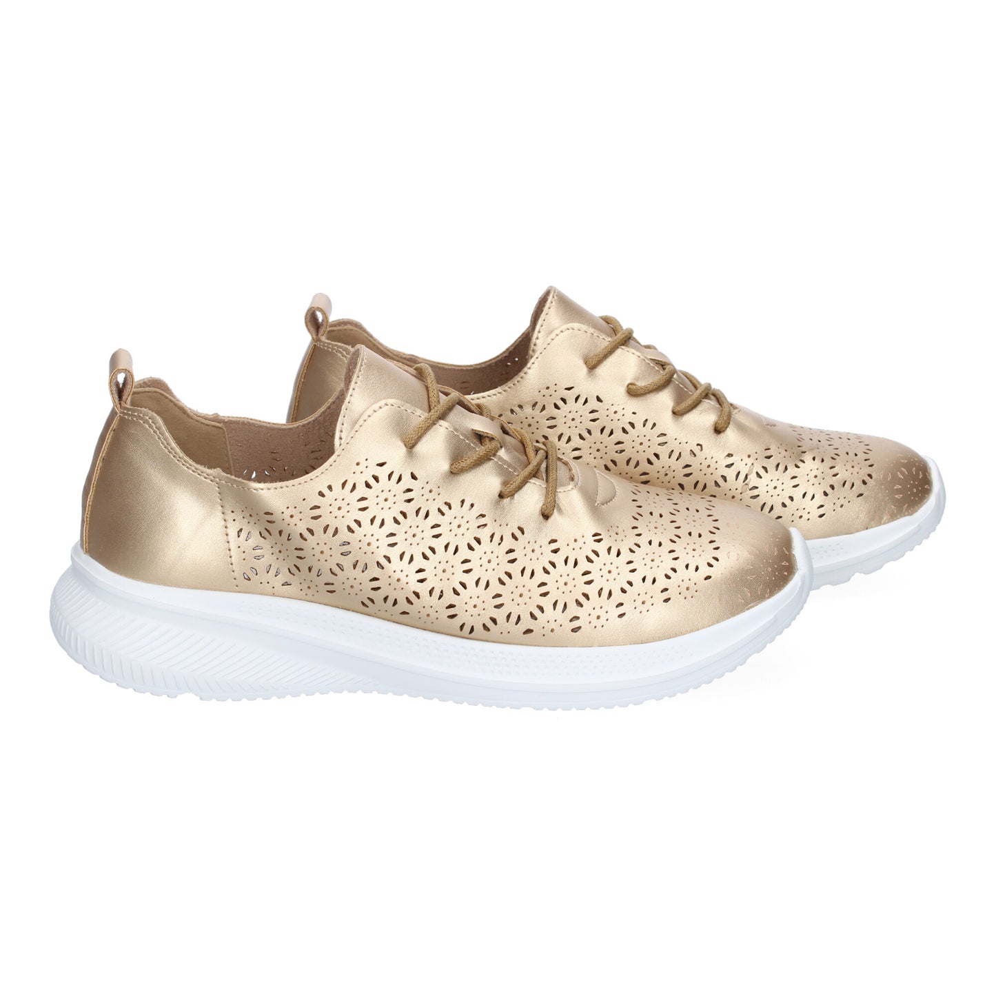 Zapatilla Deportiva Casual Mujer Dorada con Diseño Calado y Cordones