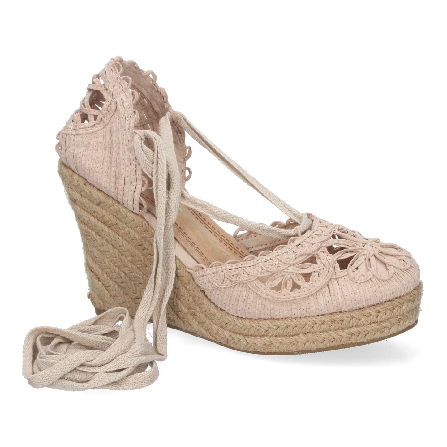 Sandalia de Cuña con Yute Estilo Valenciana Pala con Tiras Cosidas en Forma de Pétalos de Flor y Cierre de Cordones en el Tobillo Primavera Verano color Kaki