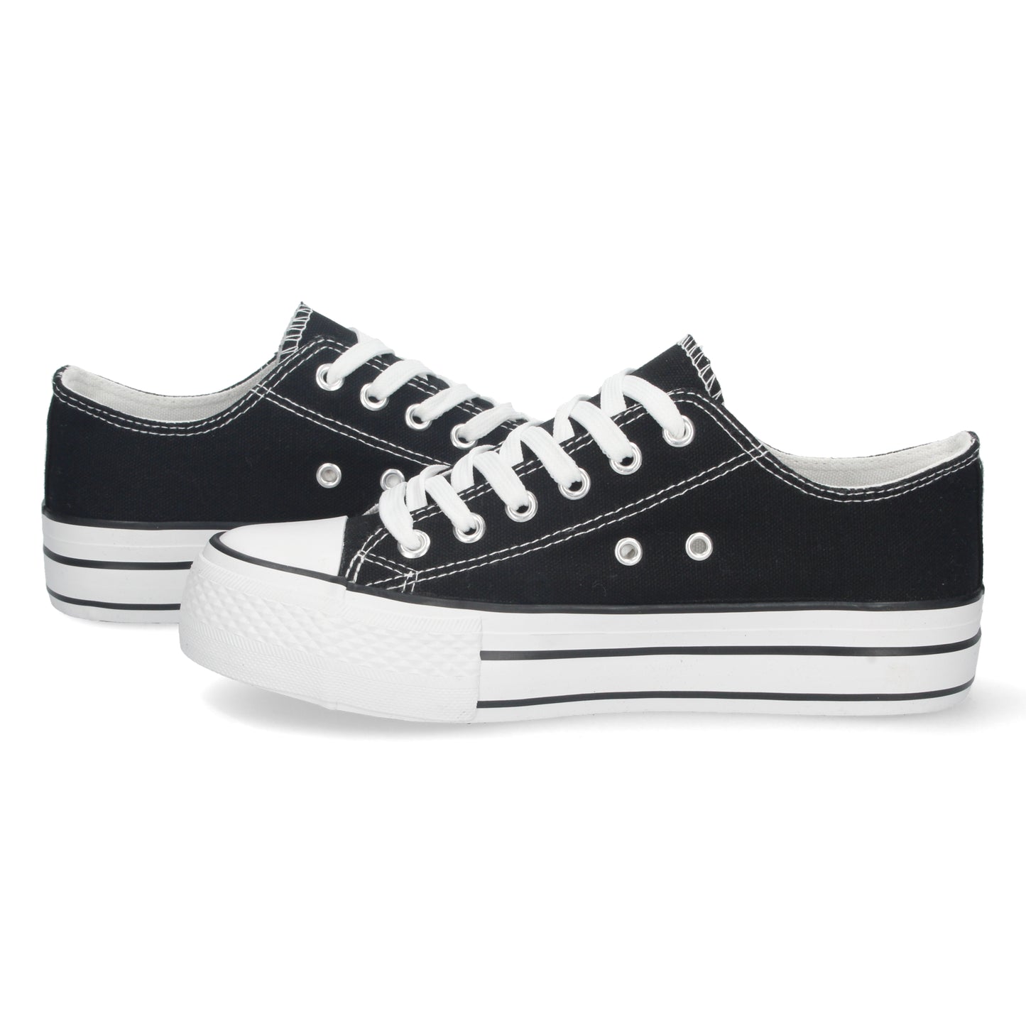 Zapatilla estilo Tenis color Negro Plana para Mujer de Doble Suela Cómoda con Material de Lona Estilo Bamba Casual y Cierre de Cordones