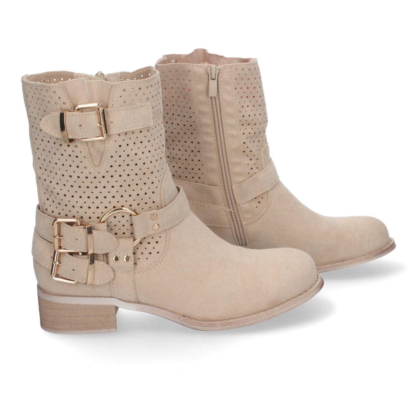 Botines de Mujer con Tacón Bajo y Adornos de Hebillas Estilo Casual Caña Calada Cremallera Lateral Punta Redonda Perfectos para Toda Ocasión