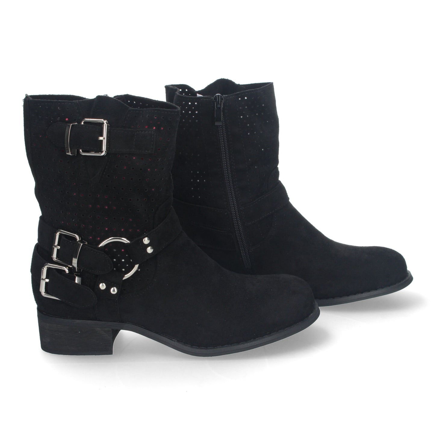 Botines de Mujer con Tacón Bajo y Adornos de Hebillas Estilo Casual Caña Calada Cremallera Lateral Punta Redonda Perfectos para Toda Ocasión