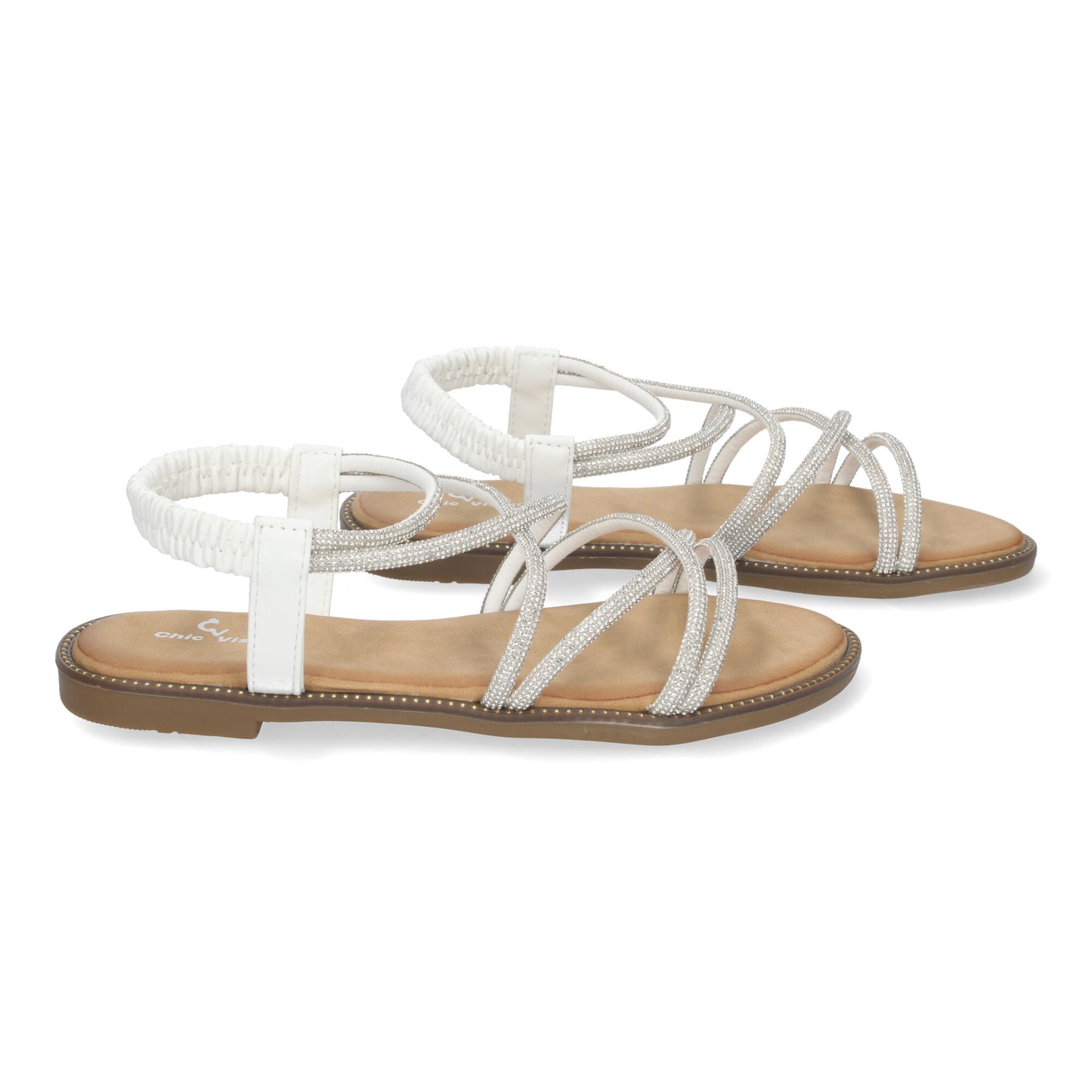 Sandalias Planas de Verano para Mujer Elegantes y Cómodas con Tiras Entrecruzadas y Adornos Brillantes.
