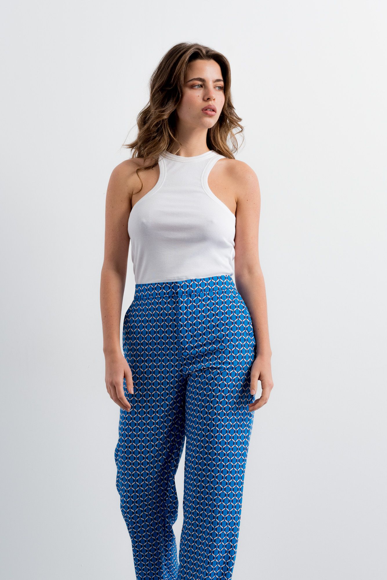 Pantalón estampado geométrico azul mujer recto elástico