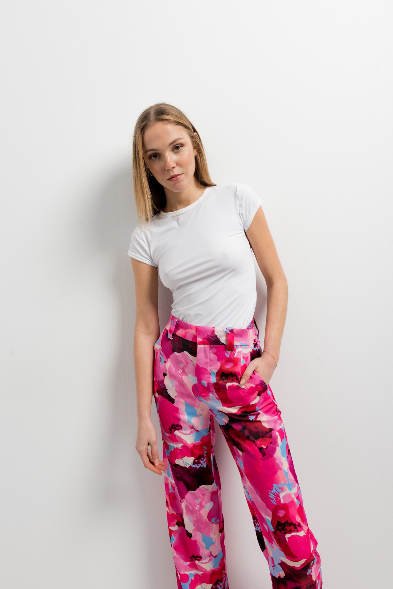 Pantalón estampado floral rosa mujer recto ligero verano