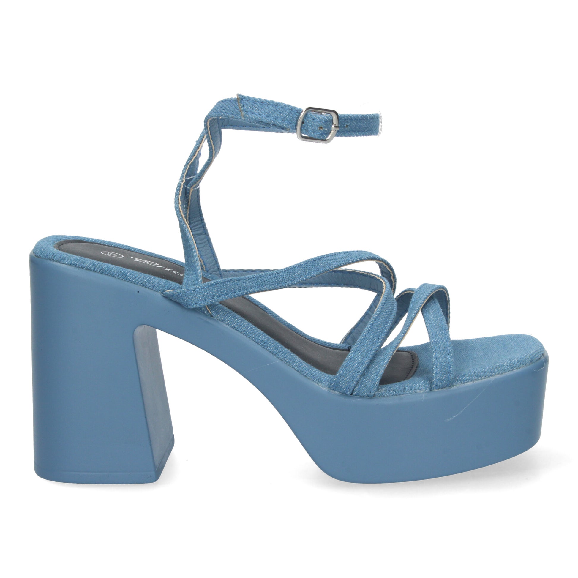 Sandalias de plataforma color jeans de mujer, tiras entrelazadas, cierre de hebilla, elegantes para eventos.