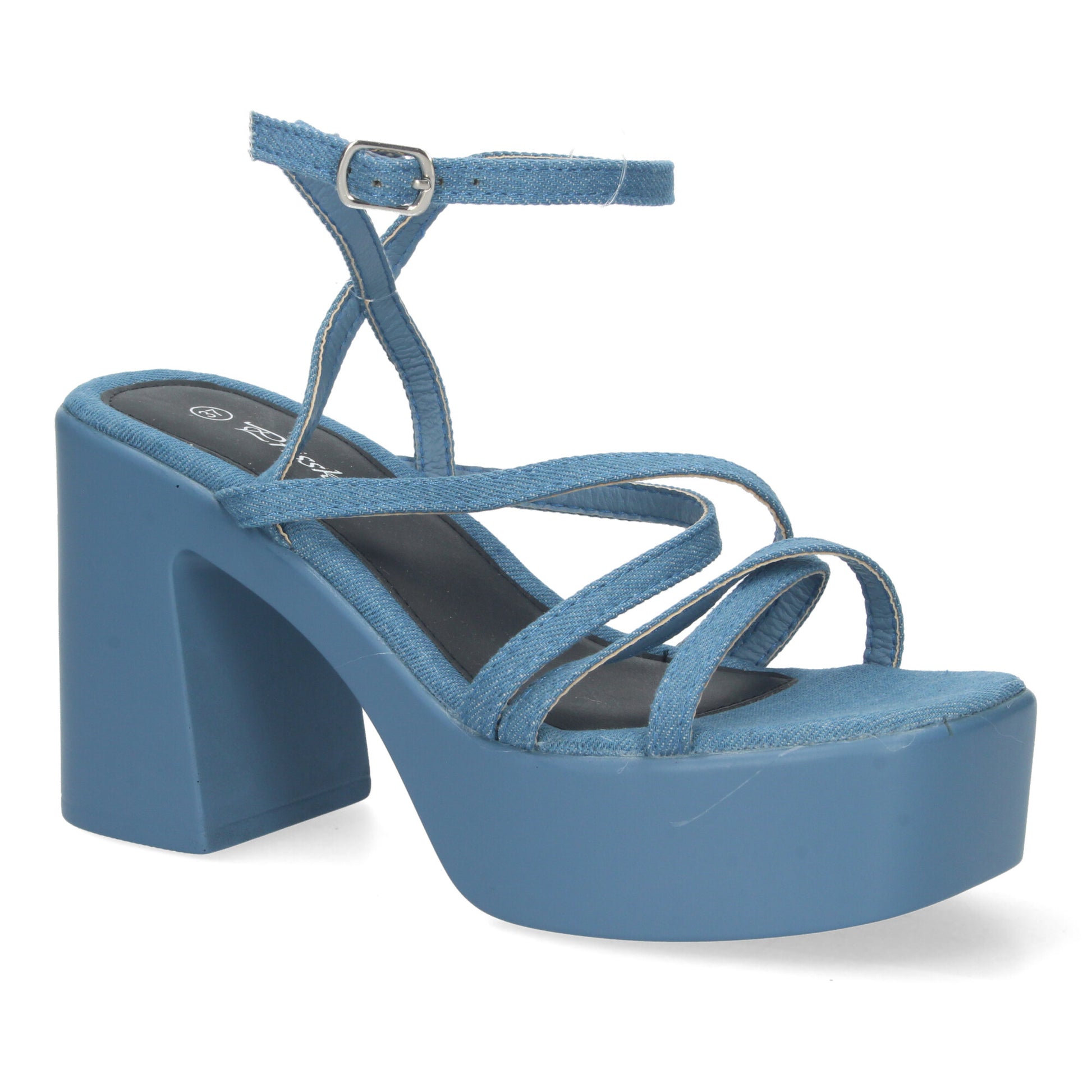 Sandalias de plataforma color jeans de mujer, tiras entrelazadas, cierre de hebilla, elegantes para eventos.