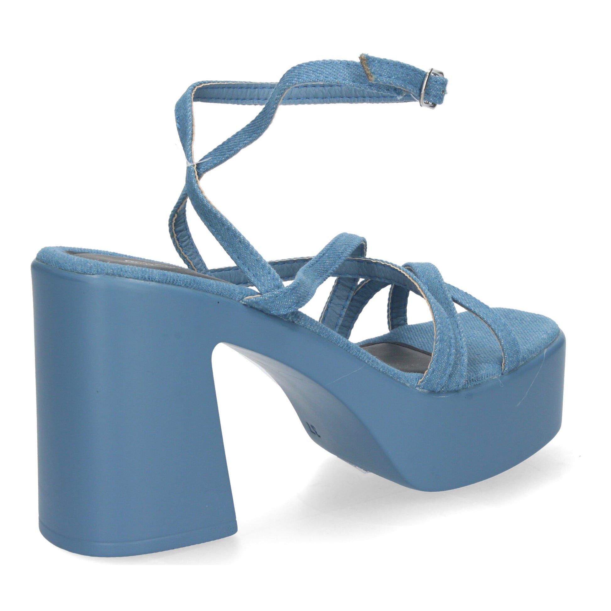 Sandalias de plataforma color jeans de mujer, tiras entrelazadas, cierre de hebilla, elegantes para eventos.