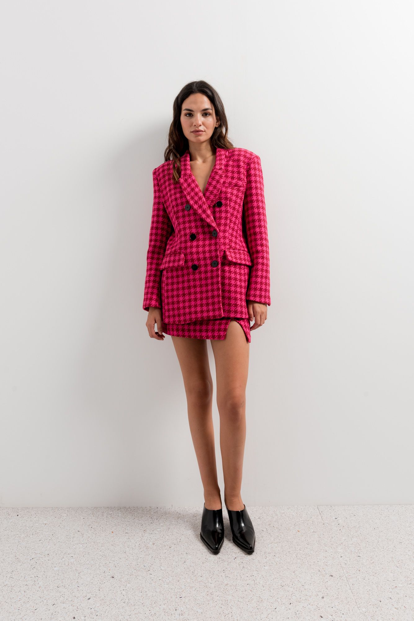 Falda mini tweed rosa mujer textura algodón clásica