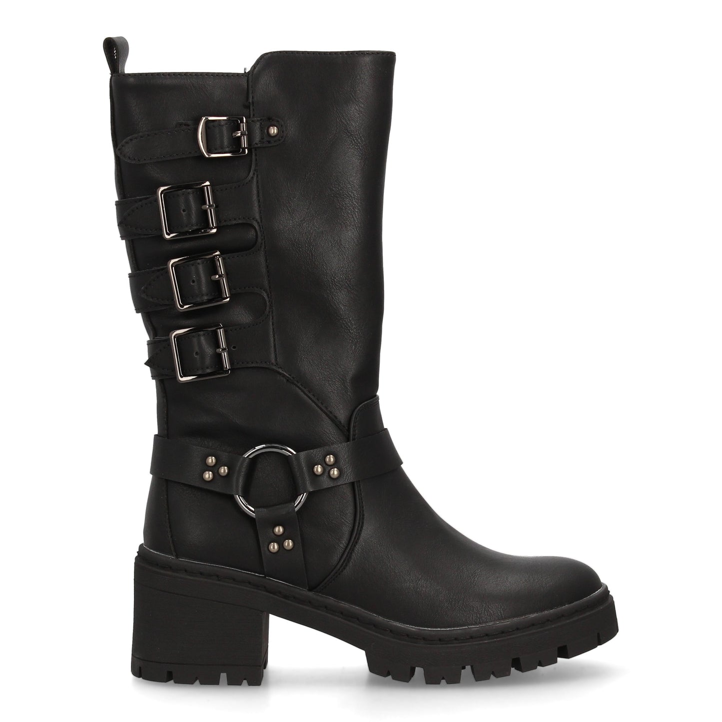 Bota Militar Negra Caña Alta con Hebillas y Suela Gruesa