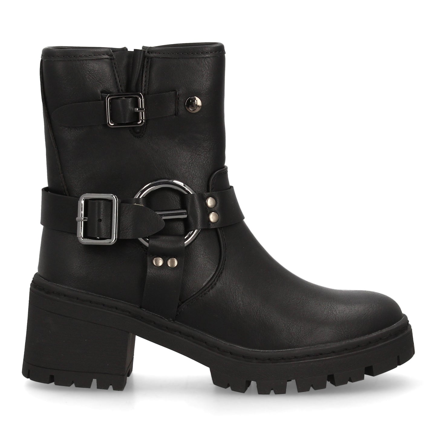 Botín Biker Negro con Doble Hebilla y Suela Gruesa