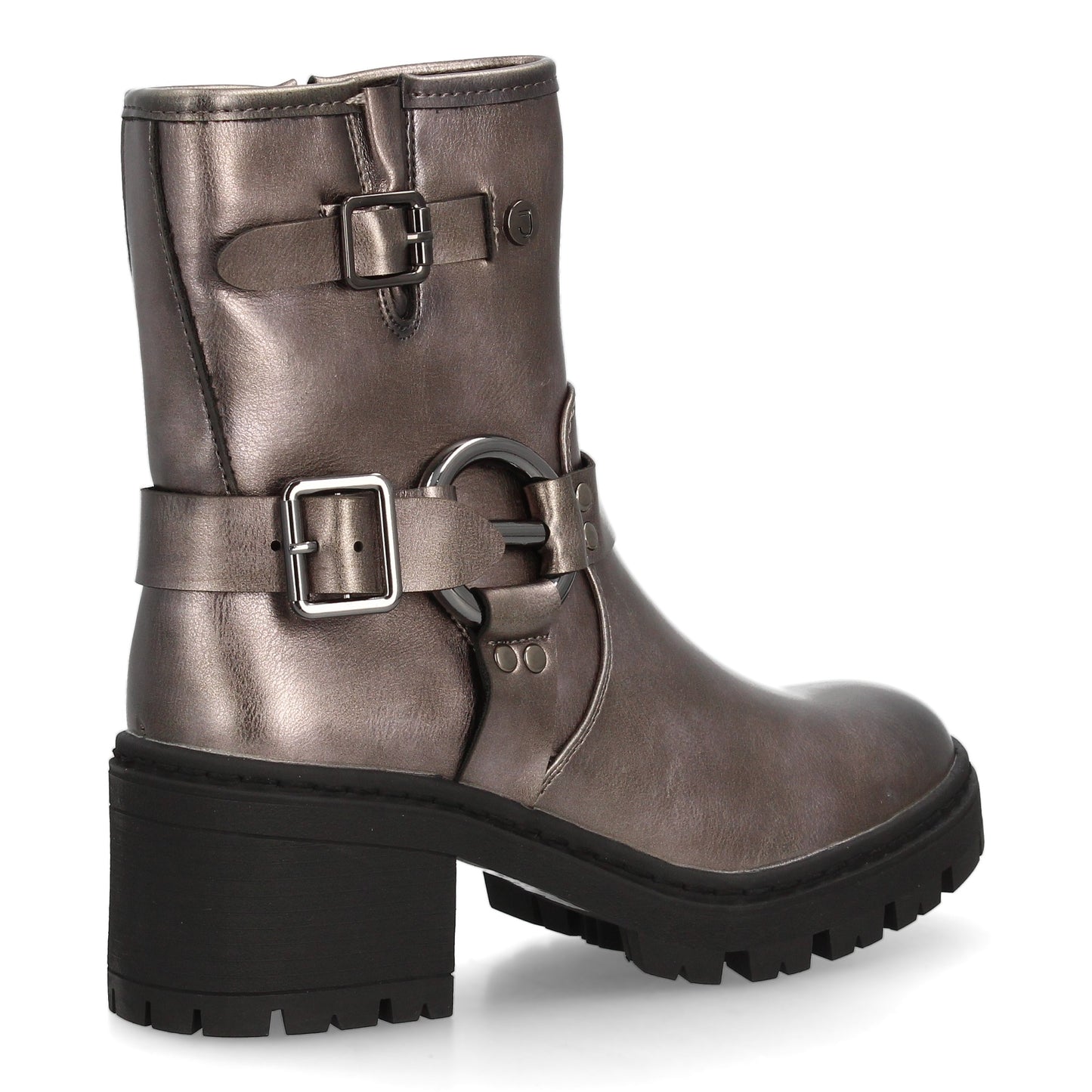 Botín Biker Plomo con Doble Hebilla y Suela Gruesa