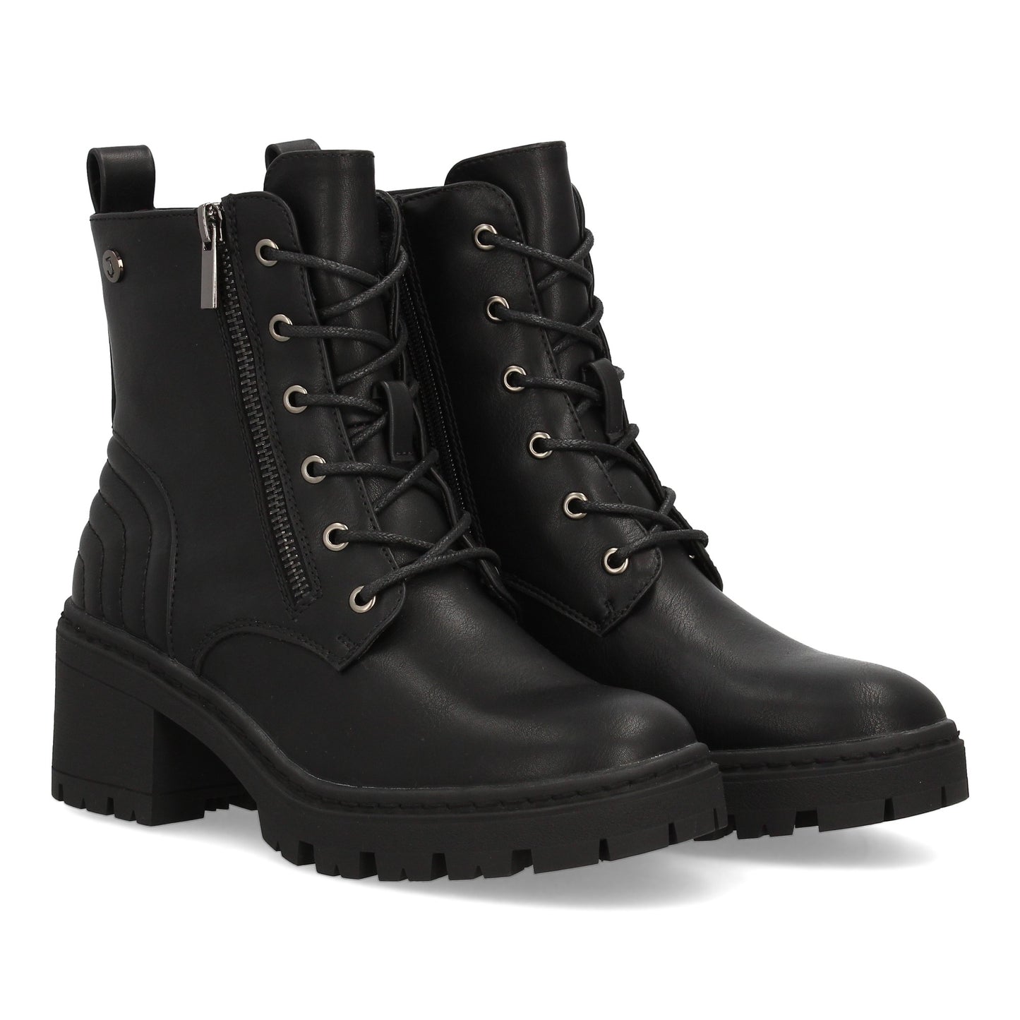 Botín militar negro con cordones, cremallera lateral, detalles acolchados y suela de goma.