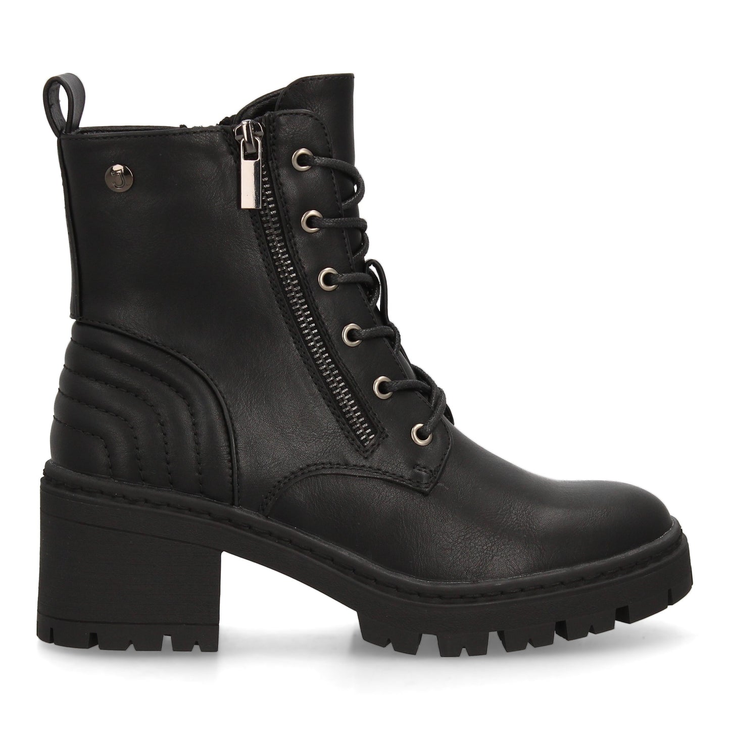 Botín Militar Negro con Cordones, Cremallera y Detalles Acolchados