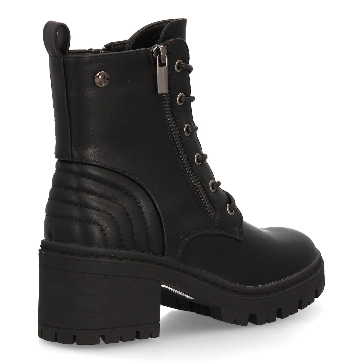 Botín Militar Negro con Cordones, Cremallera y Detalles Acolchados
