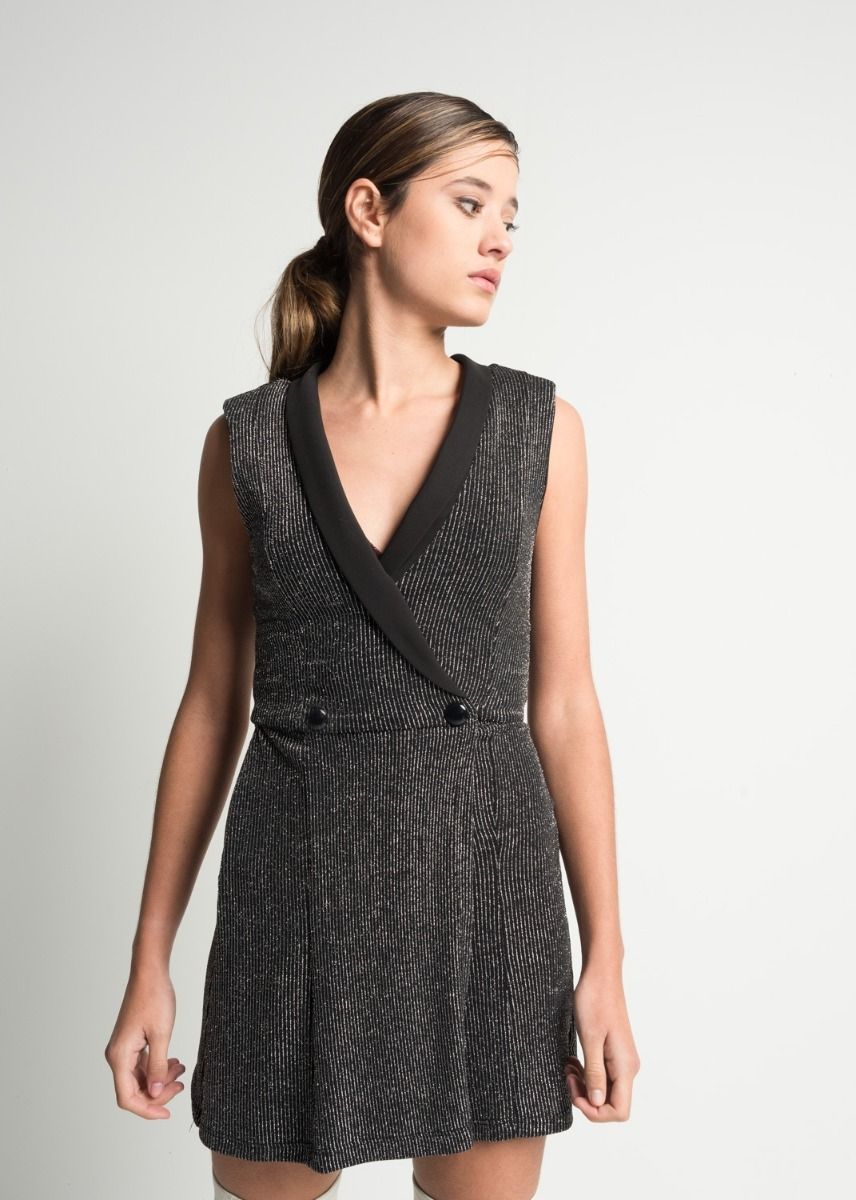 Vestido tipo blazer elegante con brillos para mujer, vestido mini formal ajustado de fiesta con escote en V pronunciado sin mangas negro