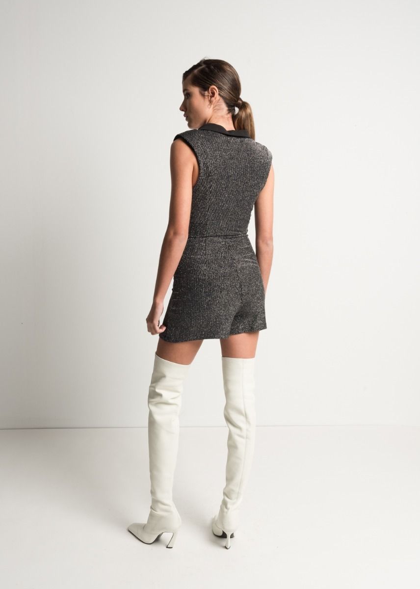 Vestido tipo blazer elegante con brillos para mujer, vestido mini formal ajustado de fiesta con escote en V pronunciado sin mangas negro