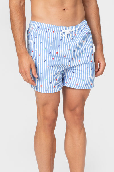 Bañador para hombre de diseño español con estampado de rayas celestes y flores Celopman