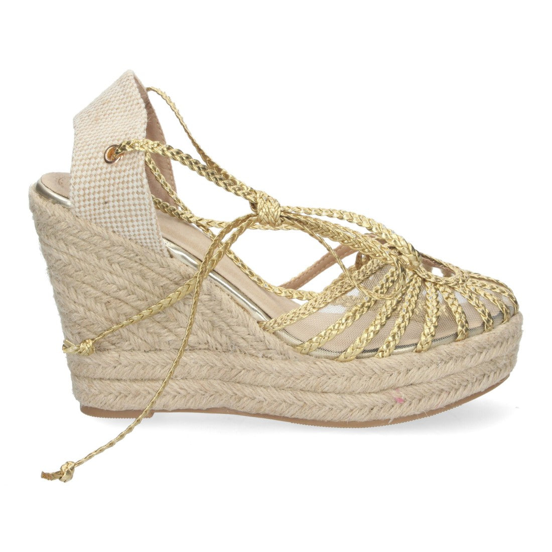 Sandalias de tacón doradas con detalle de nudo para fiesta