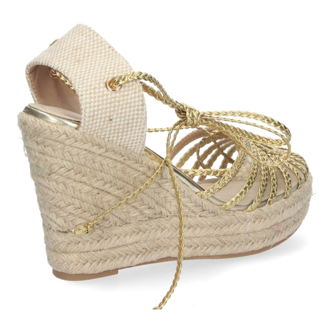 Sandalias de tacón doradas con detalle de nudo para fiesta