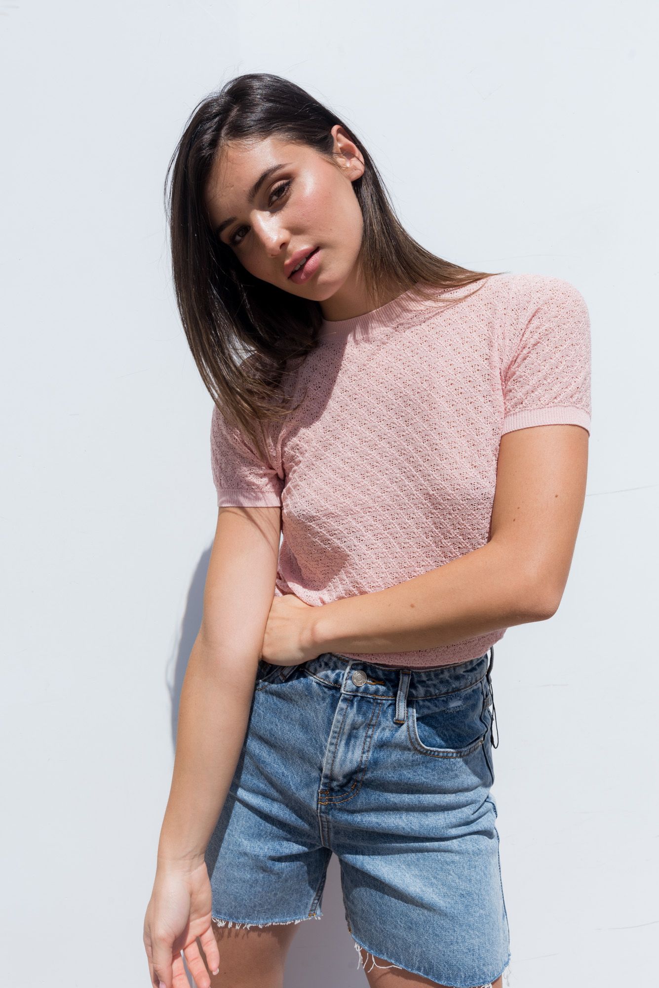 Jersey punto calado rosa mujer manga corta