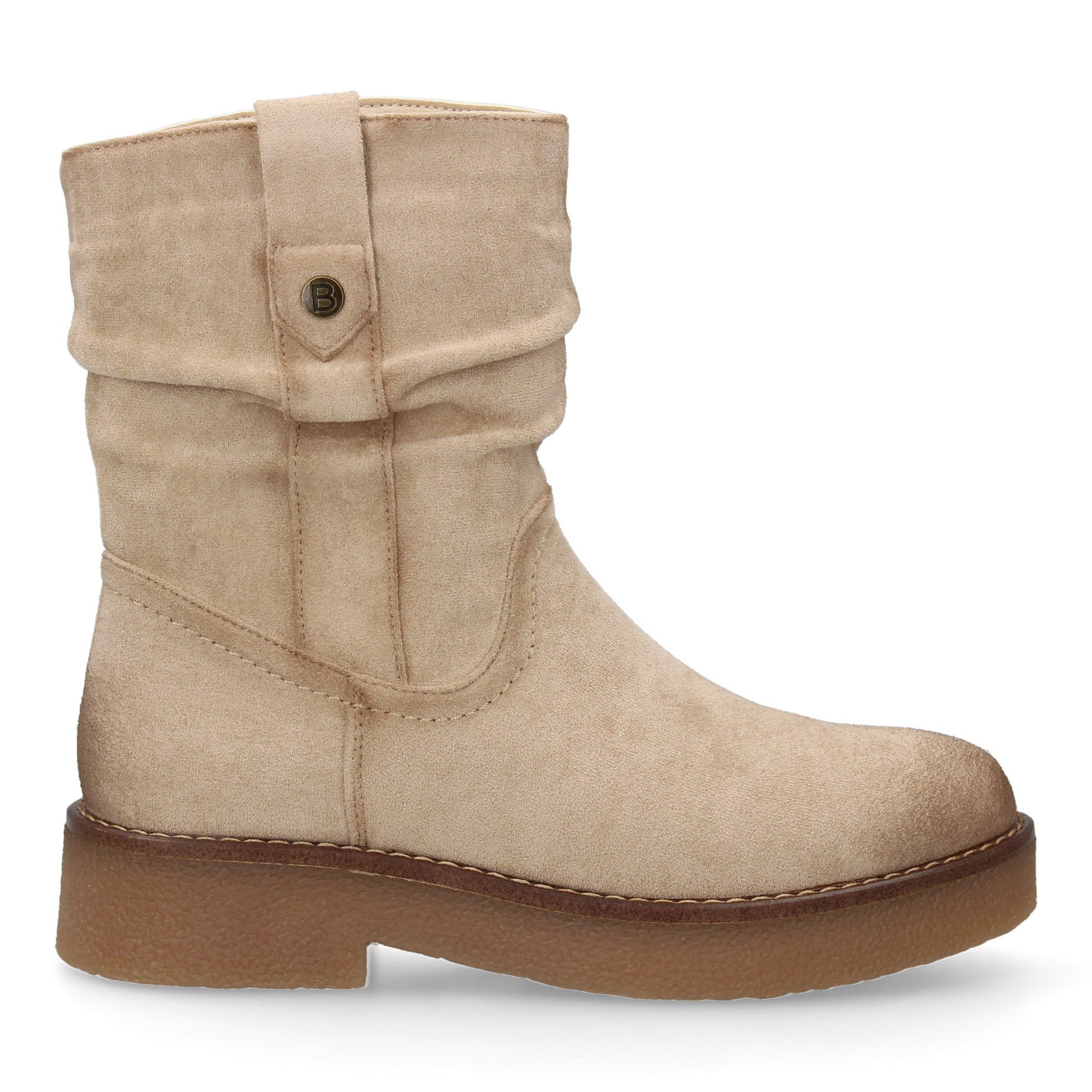 Botines planos beige de mujer, caña arrugada, detalles de costura, suela antideslizante, otoño invierno.