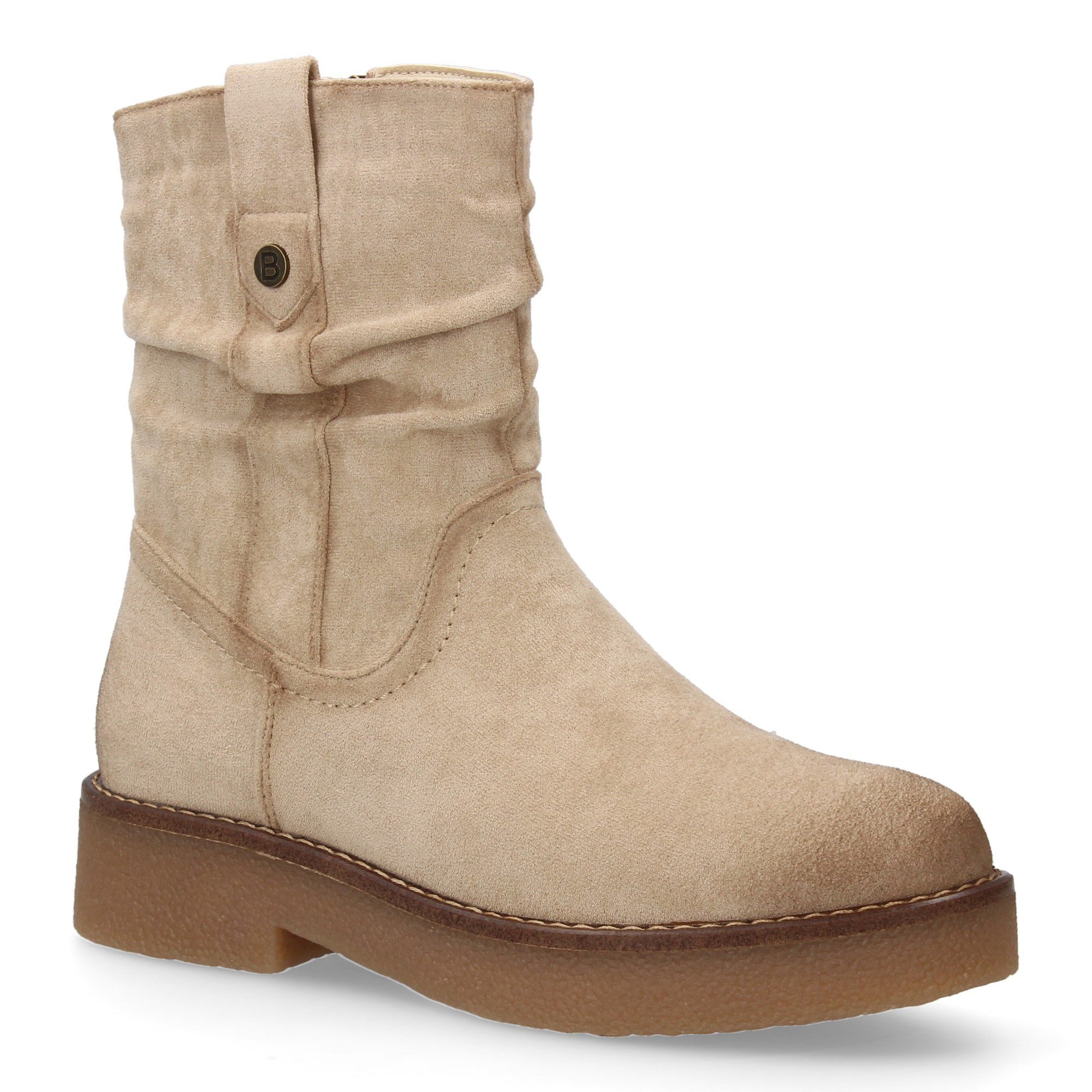 Botines planos beige de mujer, caña arrugada, detalles de costura, suela antideslizante, otoño invierno.